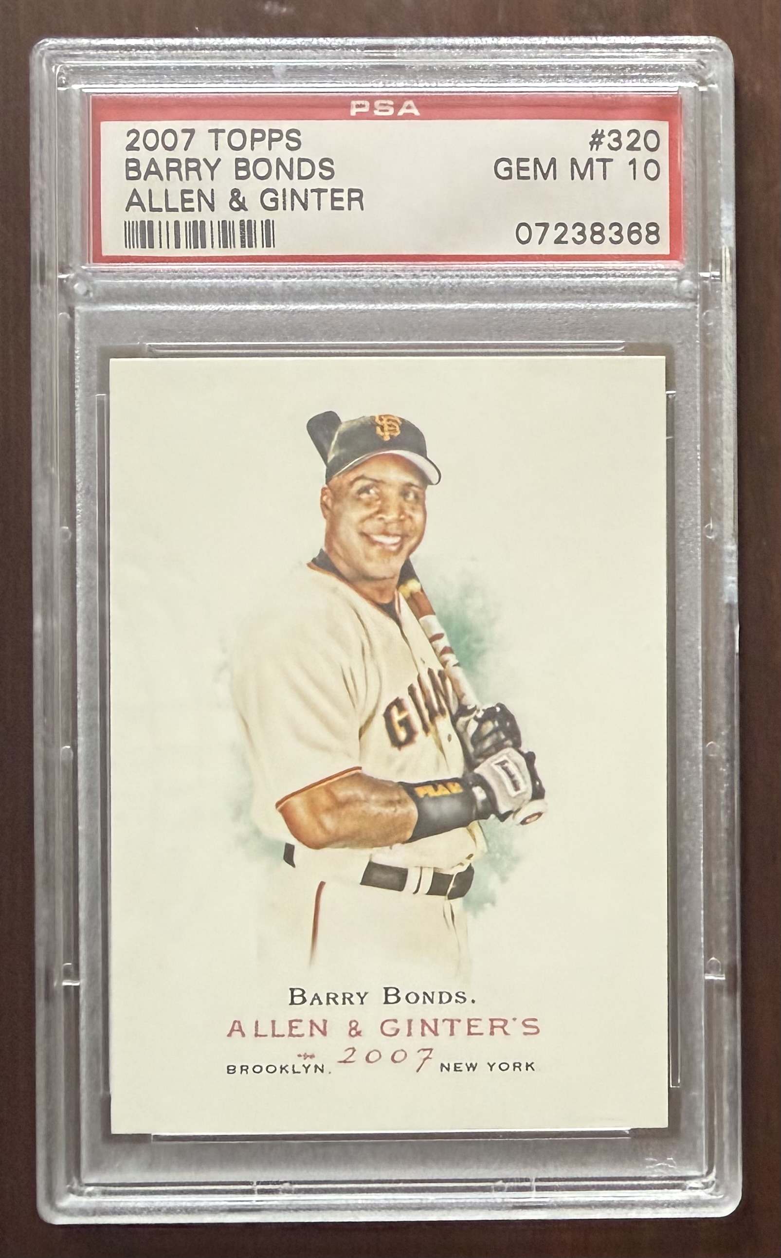 Barry Bonds 2007 Topps Allen & Ginter San Francisco Giants Baseball Card #320 Graded PSA 10 Cert #07238368