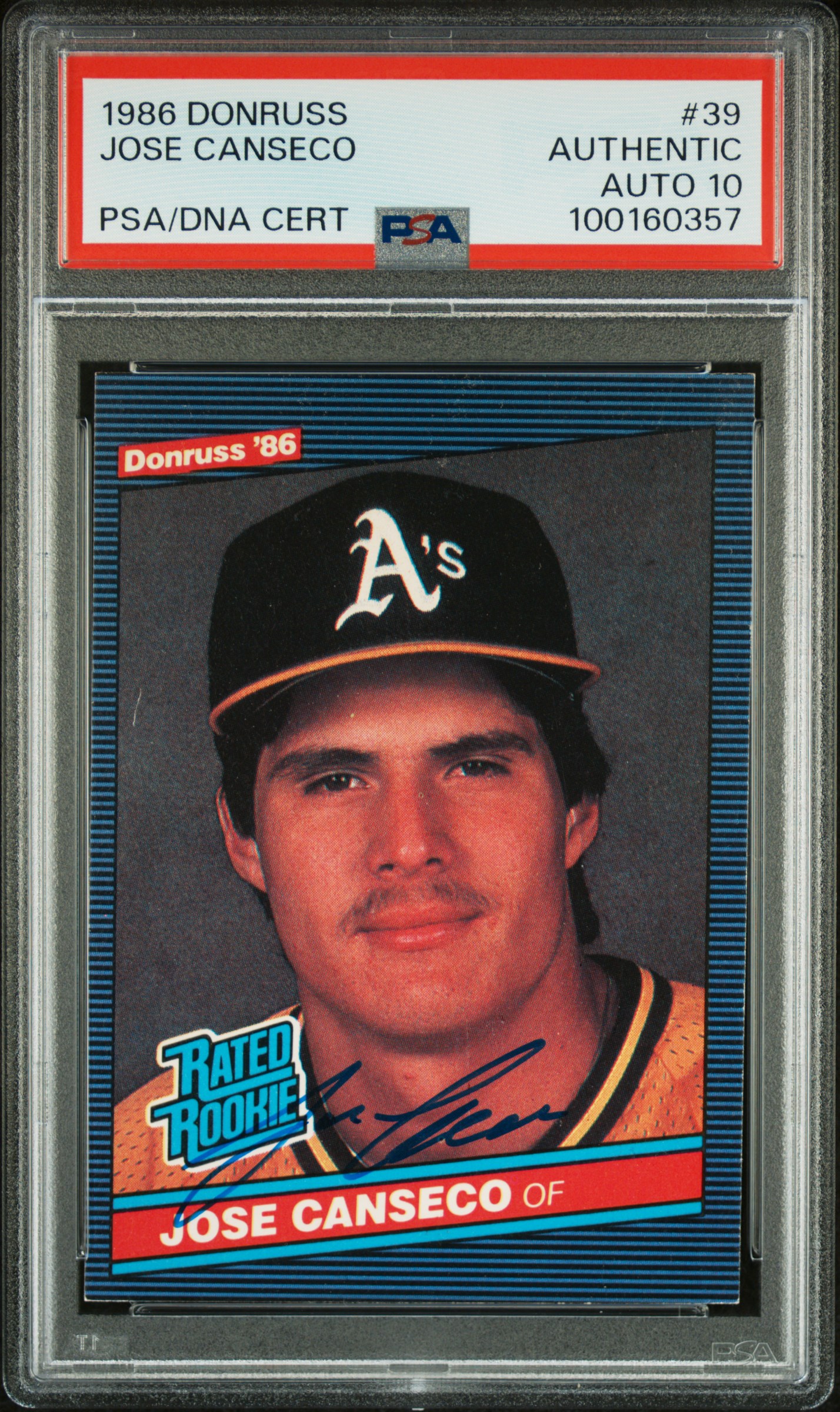 Jose Canseco 1986 Donruss Signed Rookie Card #39 Auto Graded PSA 10 100160357