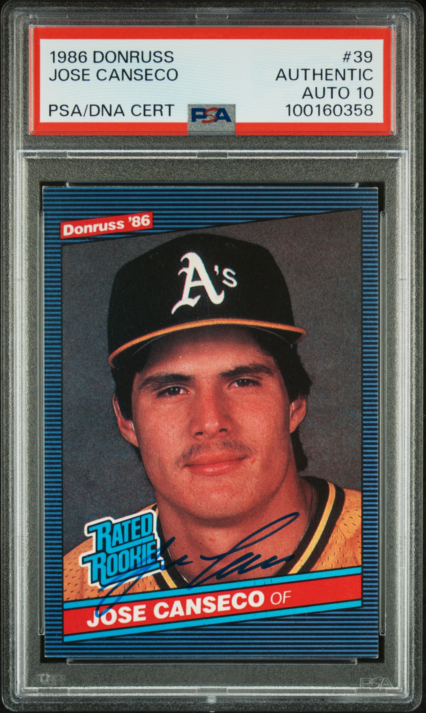 Jose Canseco 1986 Donruss Signed Rookie Card #39 Auto Graded PSA 10 100160358