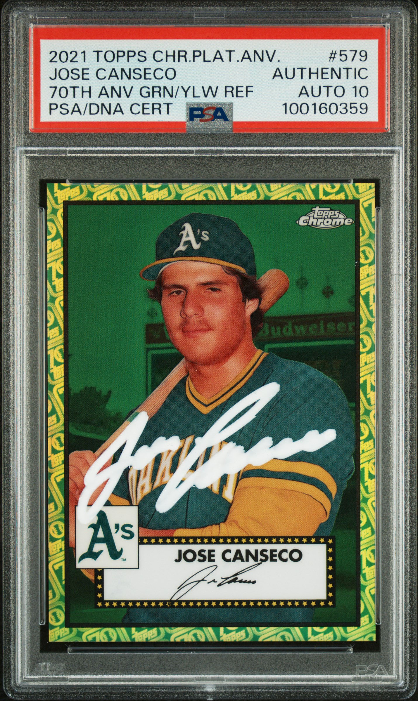 Jose Canseco 2021 Topps Chrome Green Yellow Refractor Card 579 Auto PSA 10 90/99