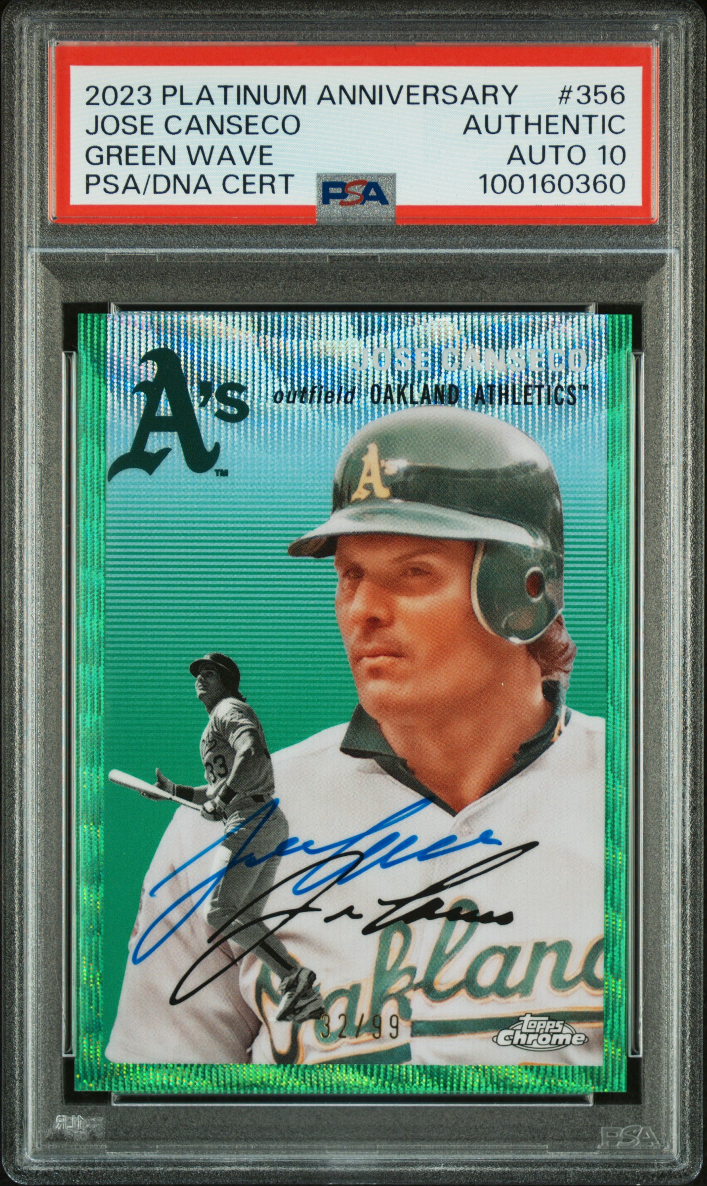 Jose Canseco 2023 Topps Chrome Green Wave Signed Card #356 Auto Graded PSA 10