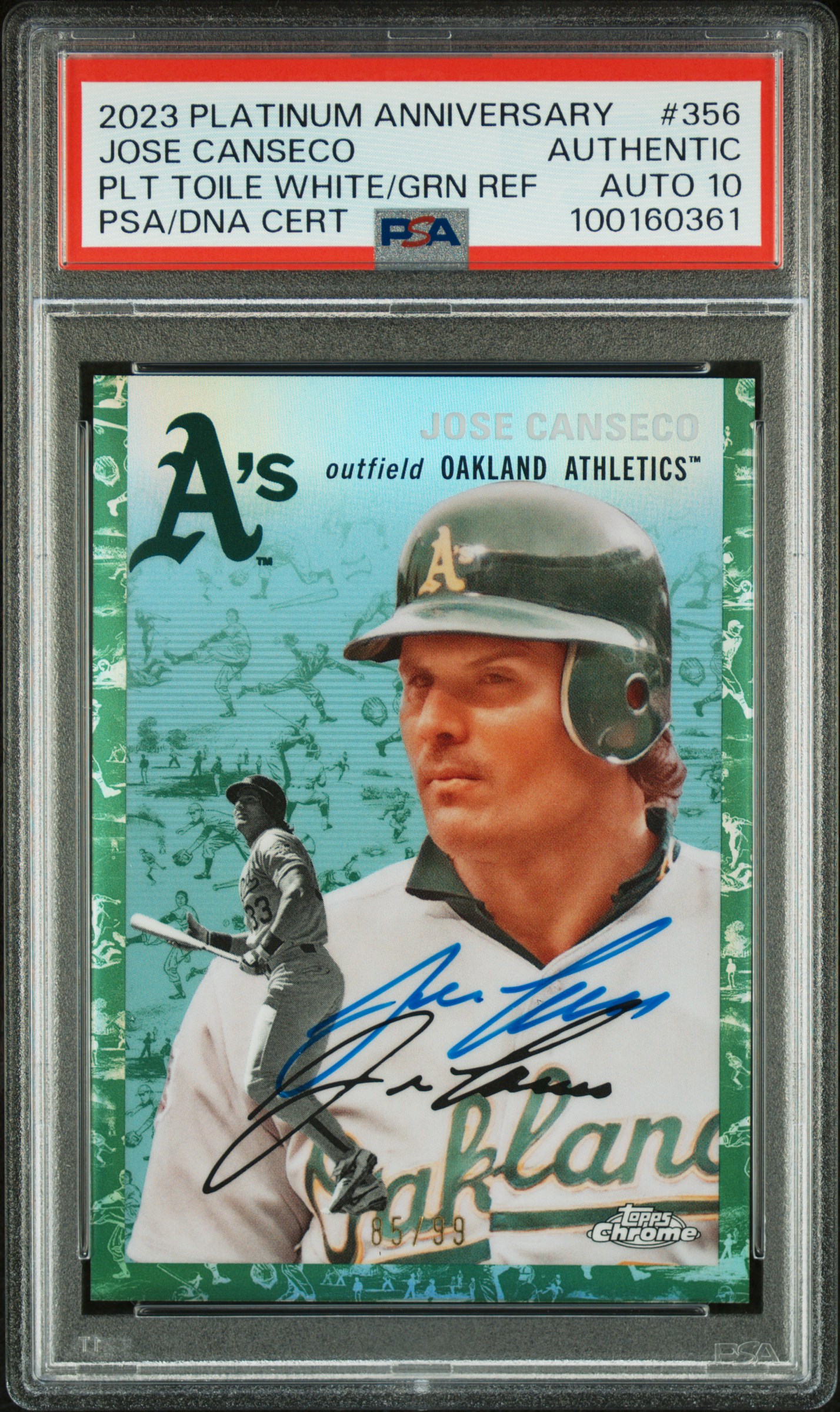Jose Canseco 2023 Topps Chrome White Green Refractor Card 356 Auto Graded PSA 10