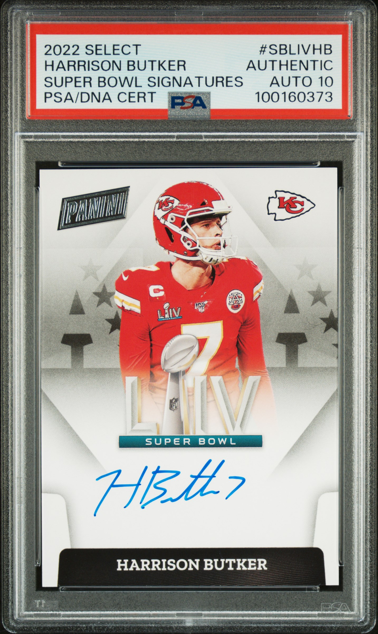 Harrison Butker 2022 Panini Select Super Bowl LIV Card Auto Graded PSA 10 160373