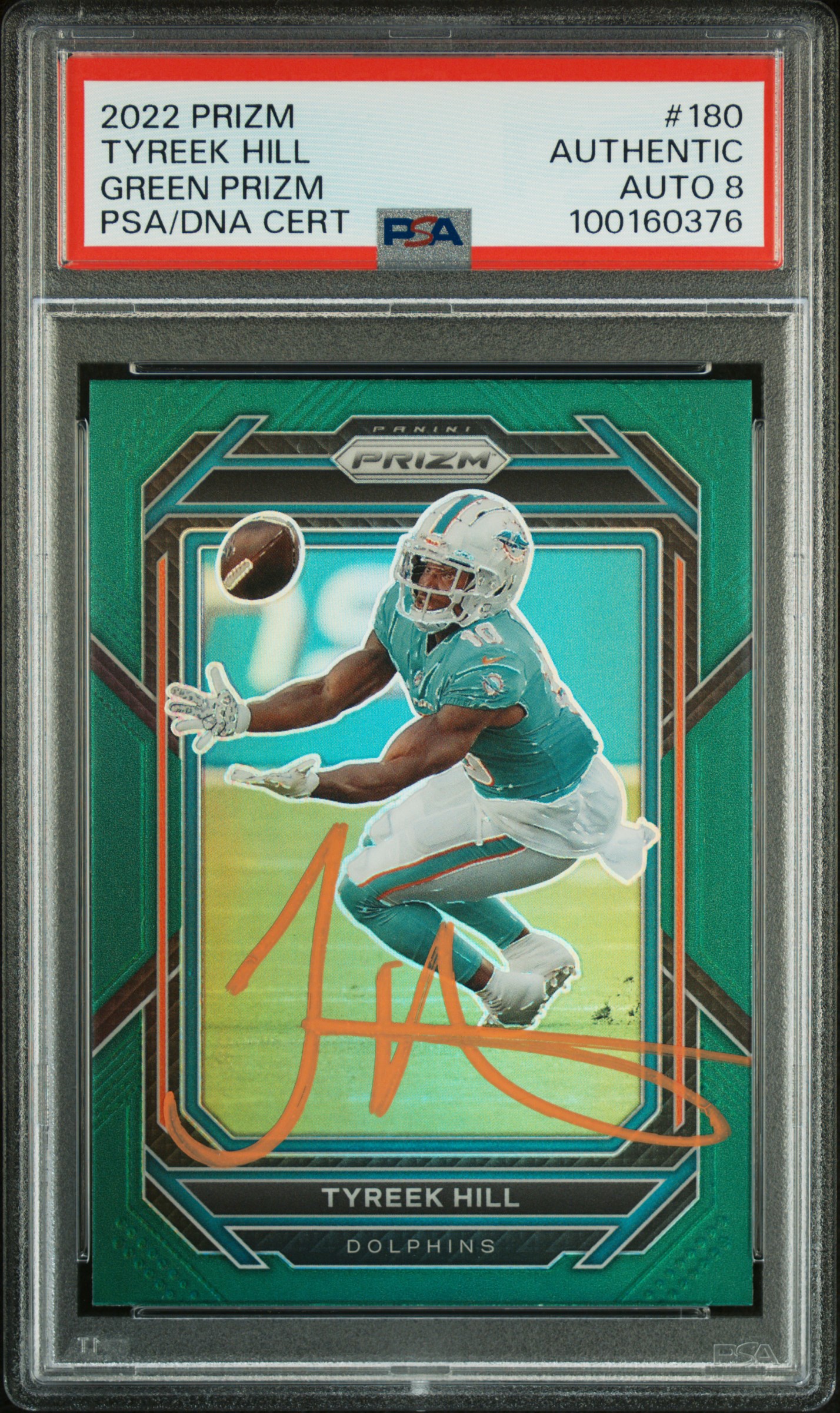 Tyreek Hill 2022 Panini Prizm Green Signed Football Card #180 Auto Graded PSA 8