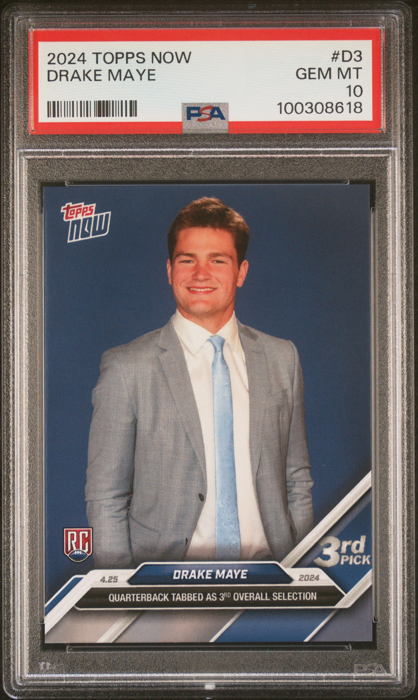 Drake Maye 2024 Topps Now NFL Draft Football Rookie Card #D3 Graded PSA 10 Cert #100308618