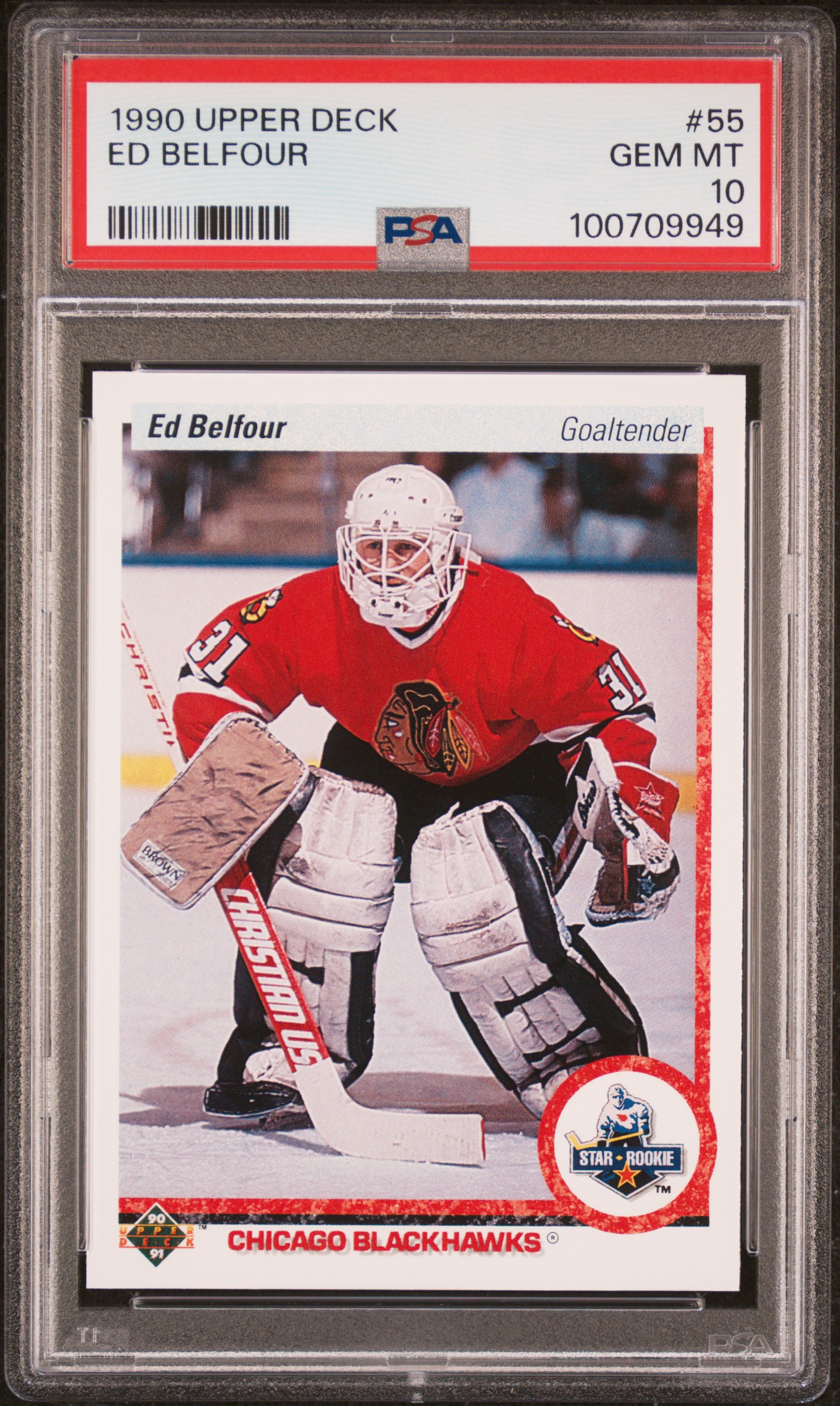 Ed Belfour 1990 Upper Deck Chicago Blackhawks Hockey Rookie Card RC #55 Graded PSA 10 Cert #100709949 Ed Belfour 1990 Upper Deck Chicago Blackhawks Hockey Rookie Card RC #55 Graded PSA 10 Cert #100709949