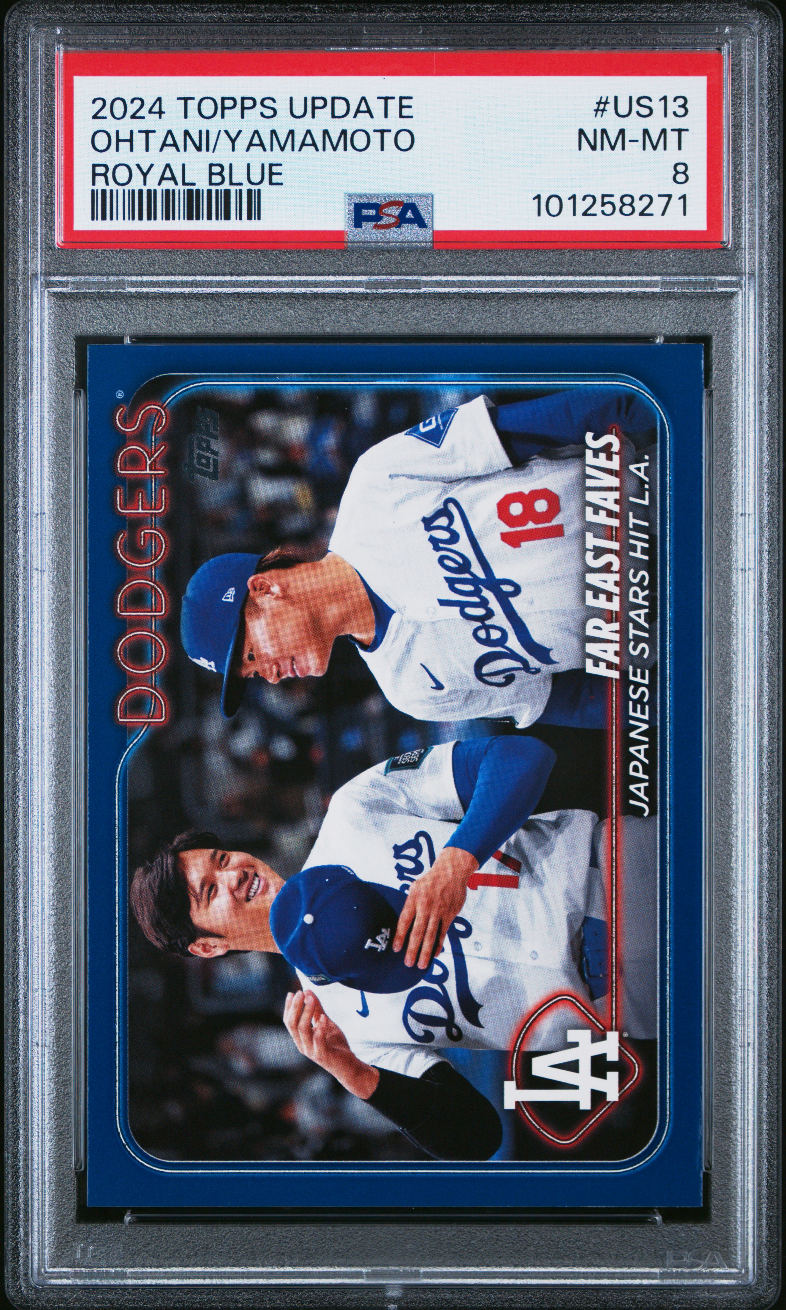 Shohei Ohtani Yoshinobu Yamamoto 2024 Topps Update Los Angeles Dodgers Royal Blue Baseball Card #US13 Graded PSA 8 Cert #101258271