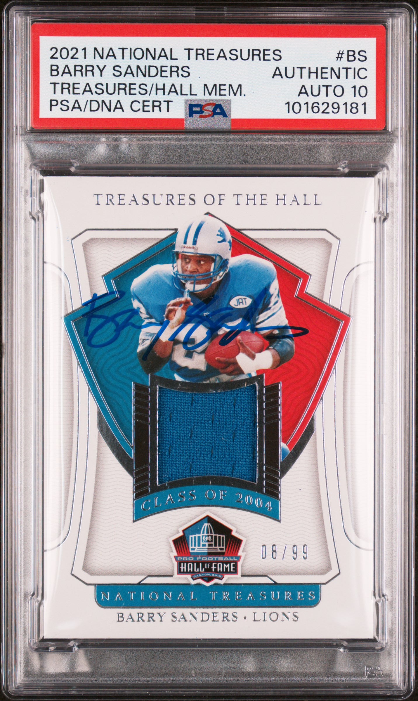Barry Sanders 2021 National Treasures Game Used Patch Card Auto PSA 10 8/99