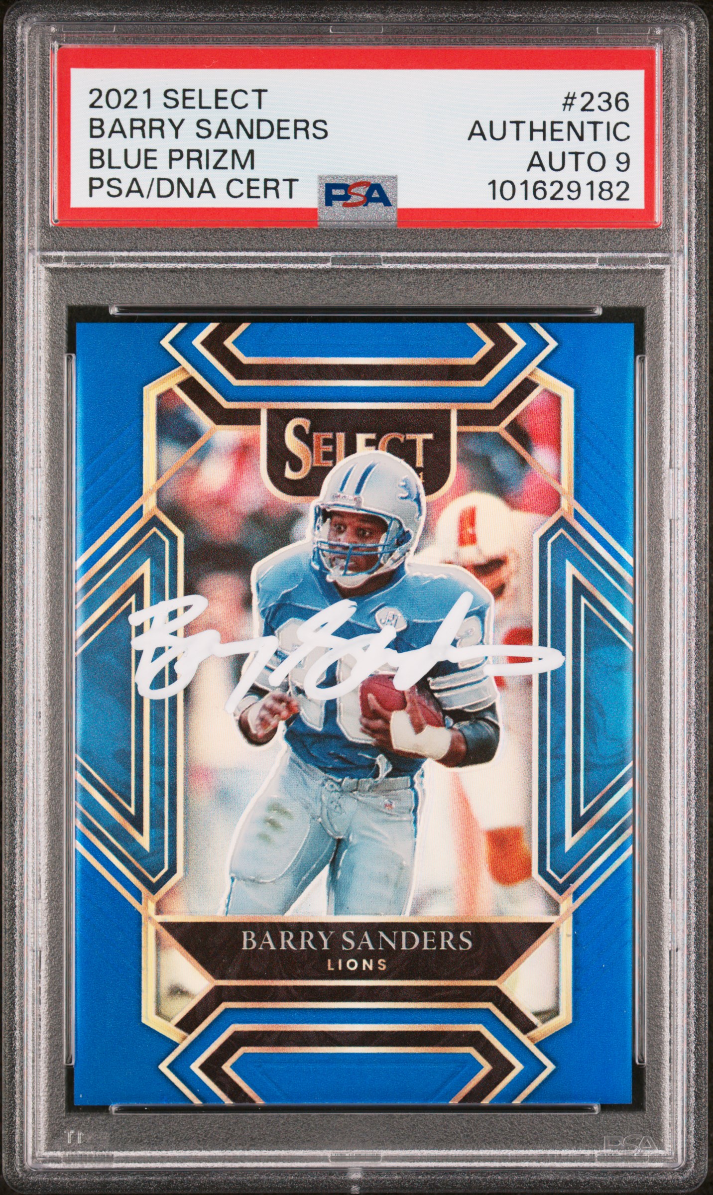 Barry Sanders 2021 Panini Select Blue Prizm Card #236 Auto Graded PSA 9 2/99