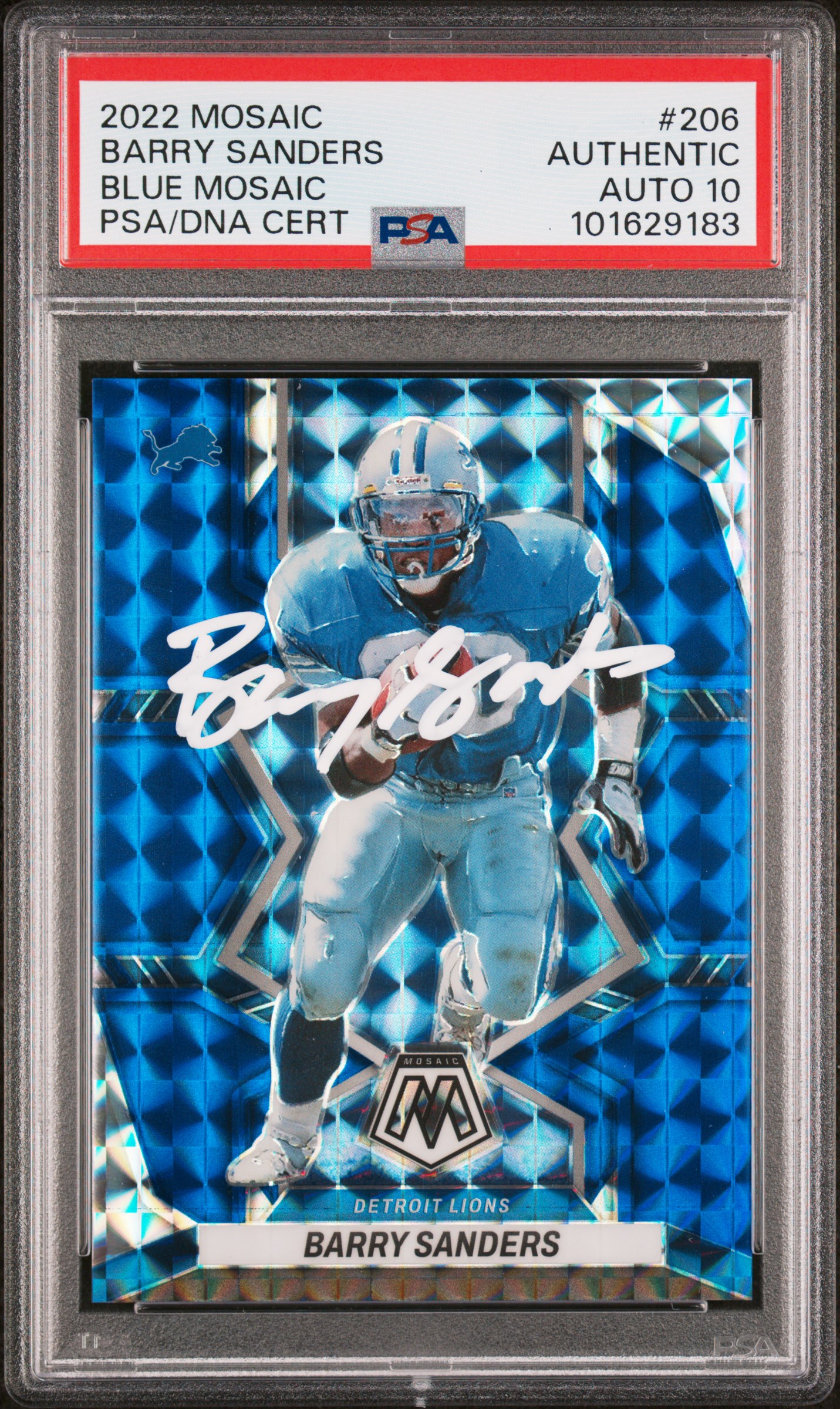 Barry Sanders 2022 Panini Mosaic Blue Card #206 Auto Graded PSA 10 2/99