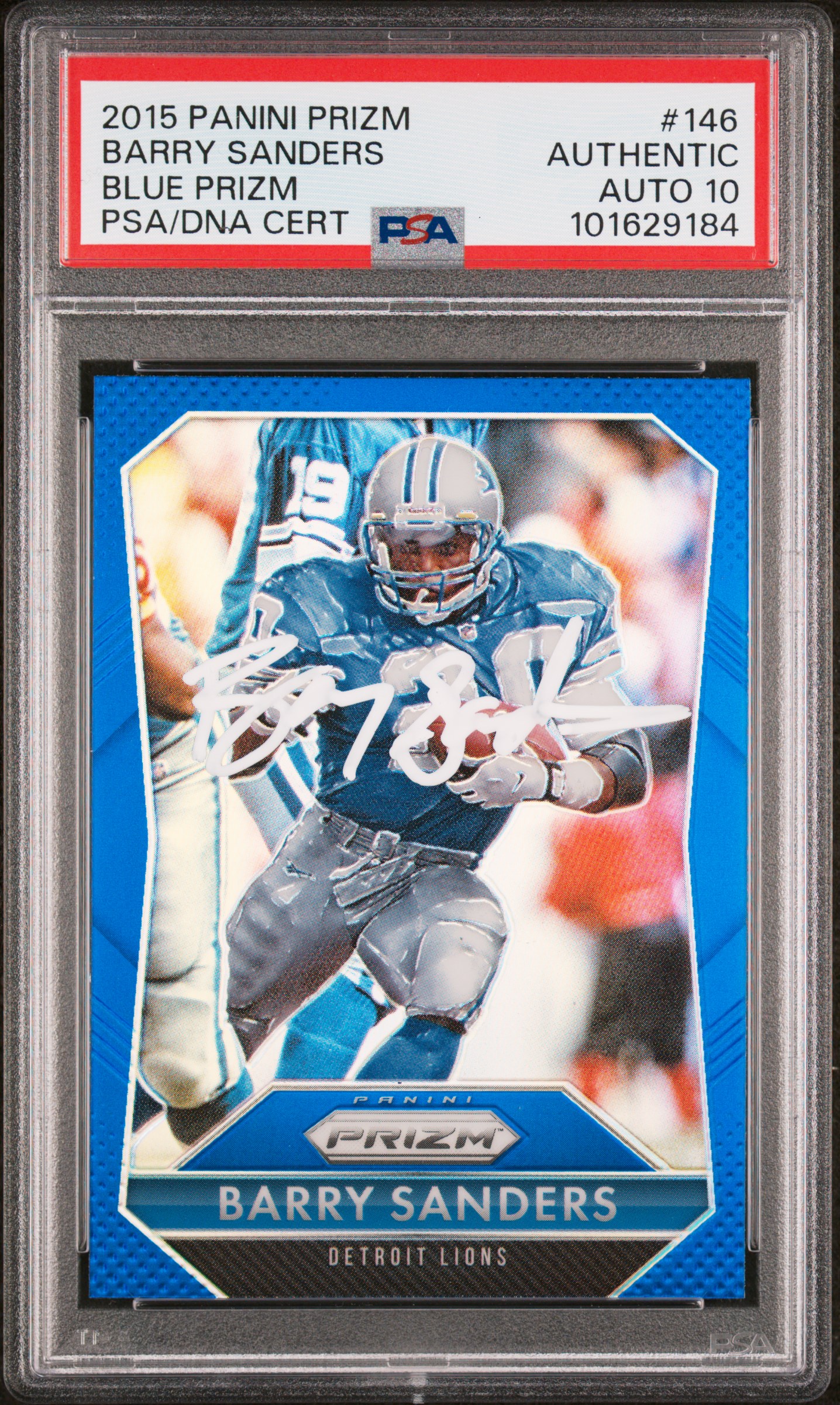 Barry Sanders 2015 Panini Prizm Blue Football Card #146 Auto Graded PSA 10 9184