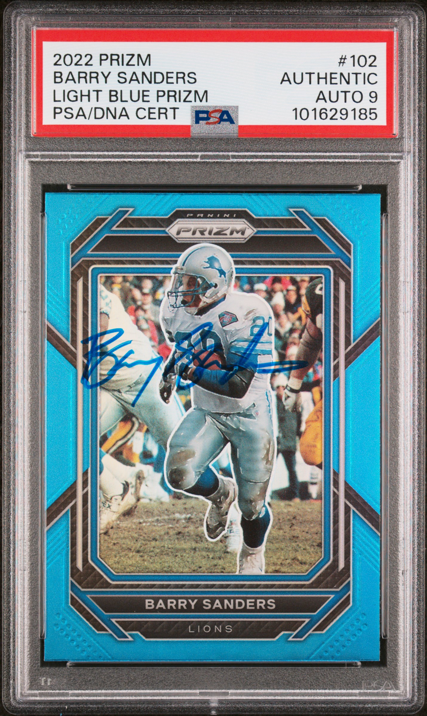 Barry Sanders 2022 Prizm Light Blue Football Card #102 Auto Graded PSA 9 1629185