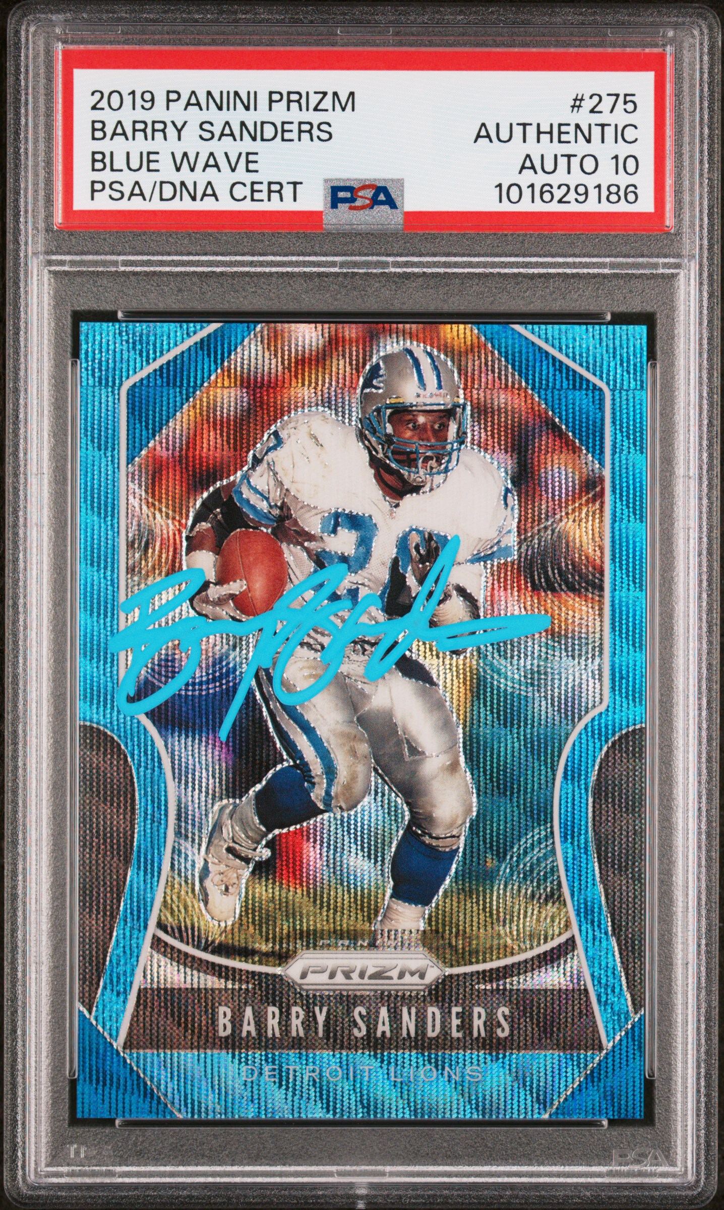 Barry Sanders 2019 Panini Prizm Blue Wave Card #275 Auto Graded PSA 10 84/199
