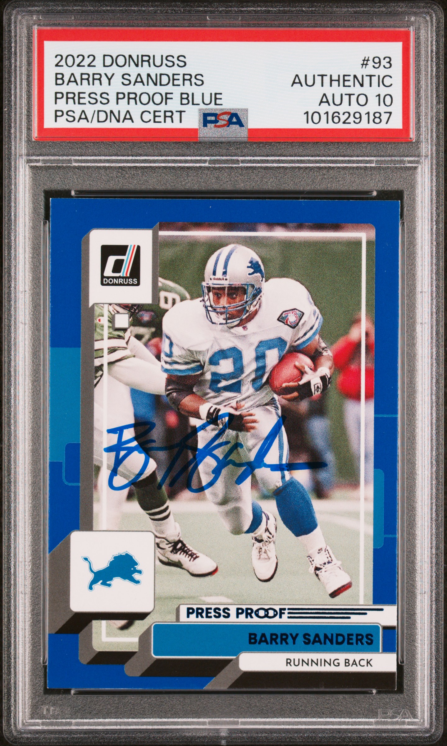 Barry Sanders 2022 Panini Donruss Press Proof Blue Card #93 Auto Graded PSA 10