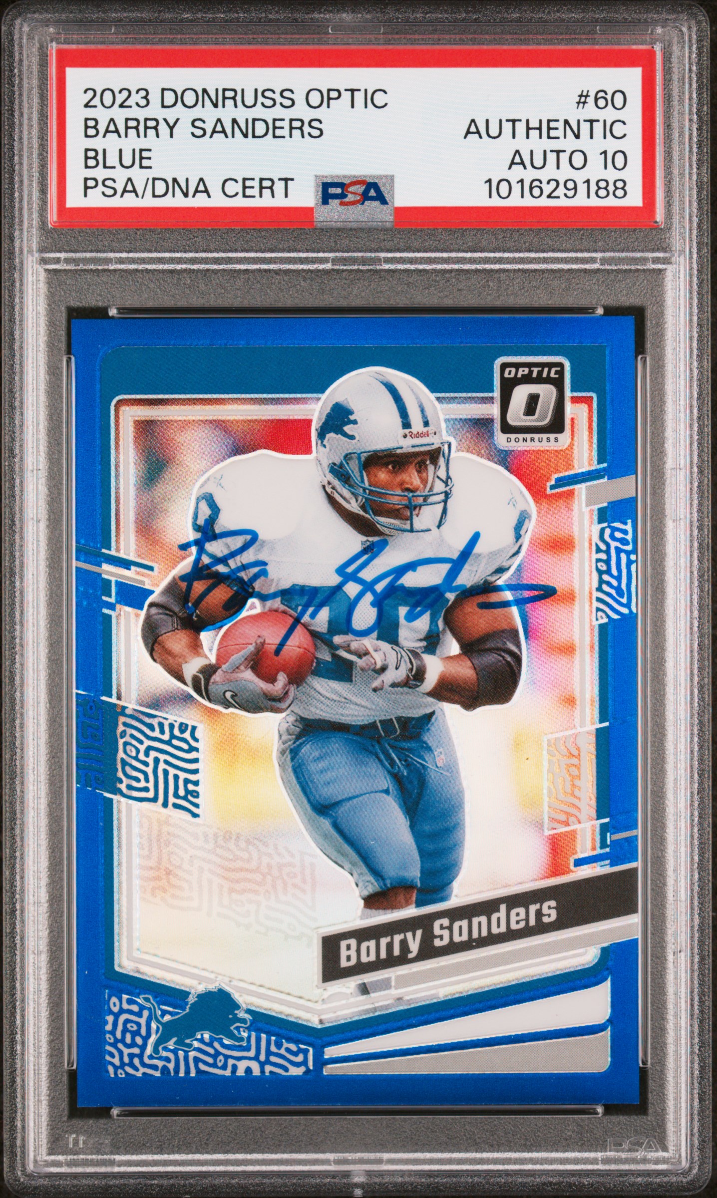 Barry Sanders 2023 Panini Donruss Optic Blue Card #60 Auto Graded PSA 10 30/199
