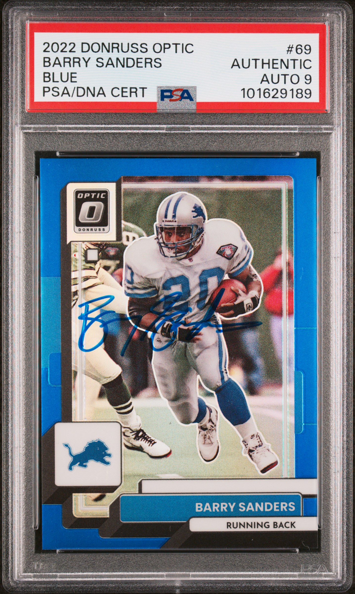 Barry Sanders 2022 Panini Donruss Optic Blue Card #69 Auto Graded PSA 9 31/179