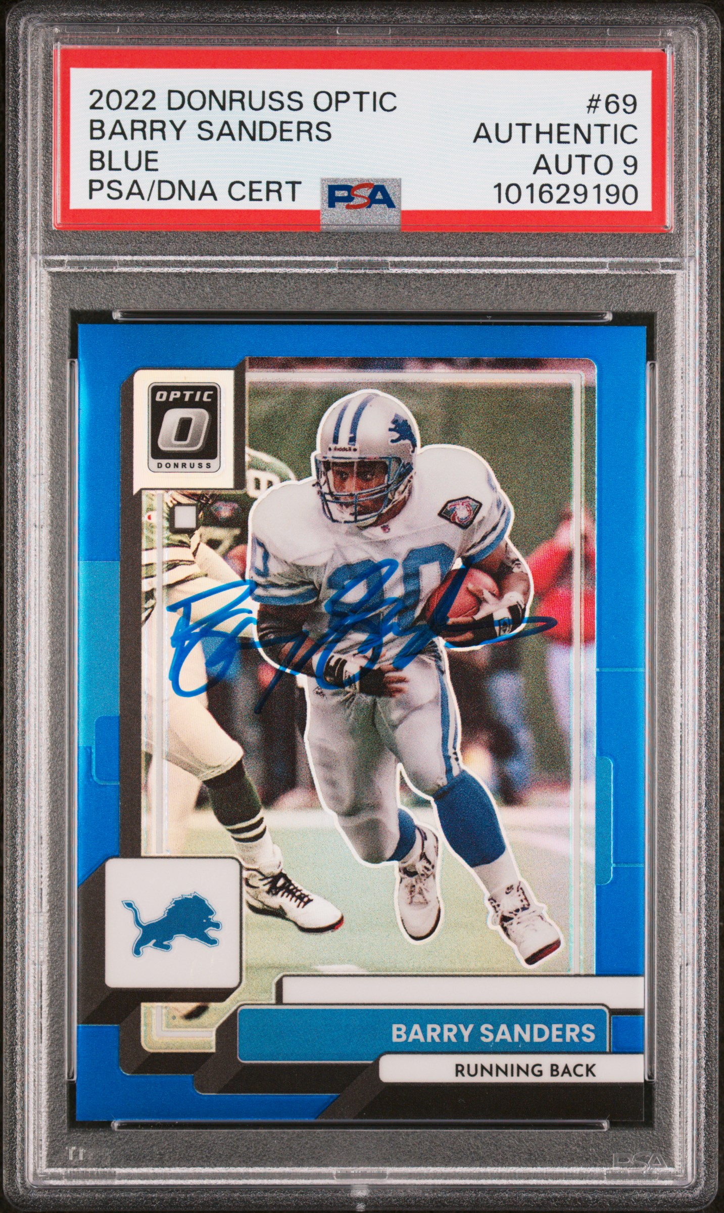 Barry Sanders 2022 Panini Donruss Optic Blue Card #69 Auto Graded PSA 9 97/179