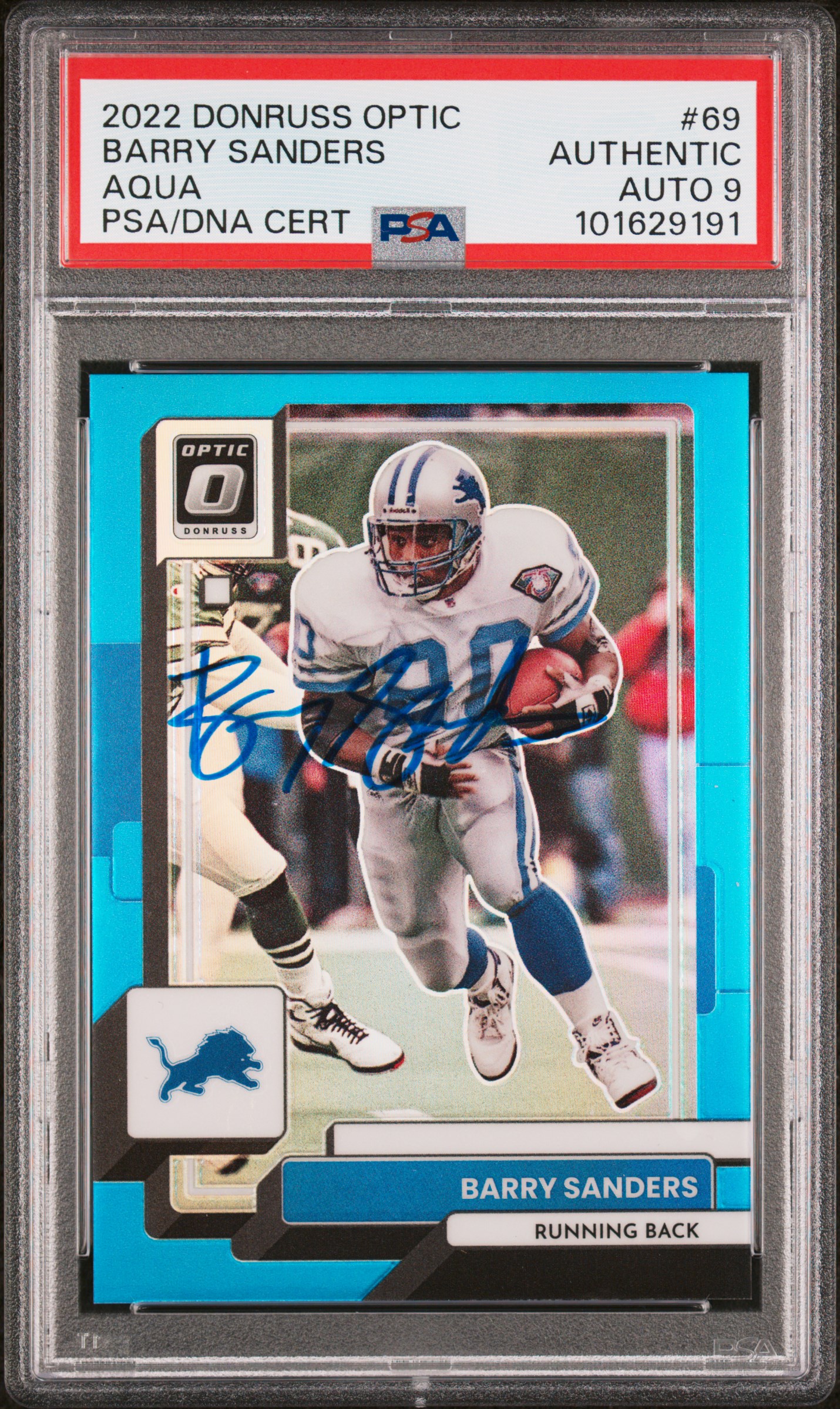 Barry Sanders 2022 Panini Donruss Optic Aqua Blue Card #69 Auto PSA 9 31/299