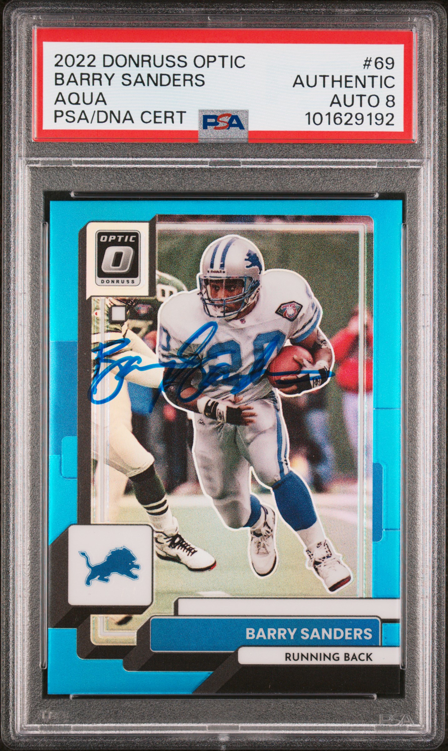 Barry Sanders 2022 Panini Donruss Optic Aqua Blue Card #69 Auto PSA 8 113/299
