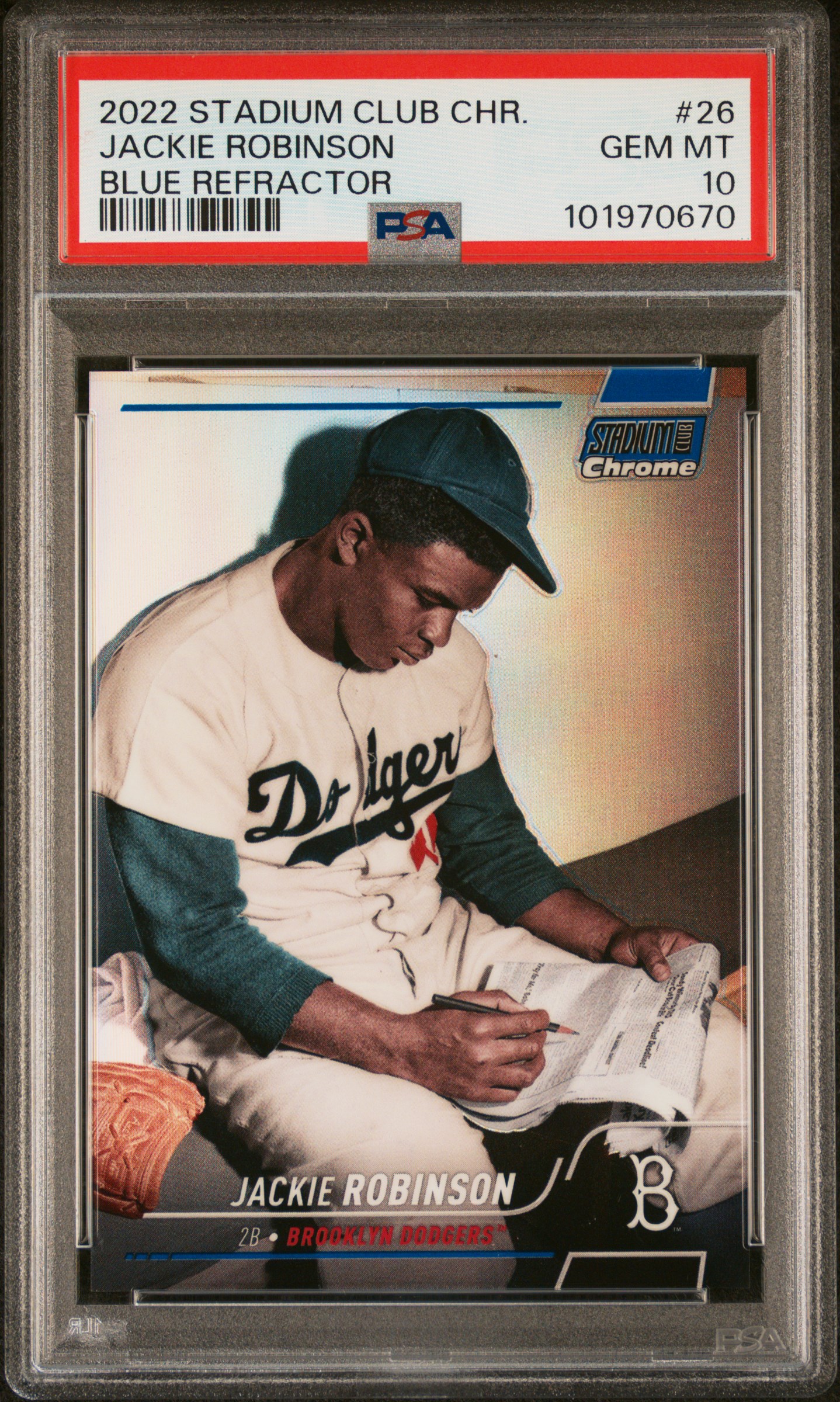 Jackie Robinson 2022 Topps Stadium Club Chrome Blue Refractor Card #26 Graded PSA 10 72/199 Jackie Robinson 2022 Topps Stadium Club Chrome Blue Refractor Card #26 Graded PSA 10 72/199