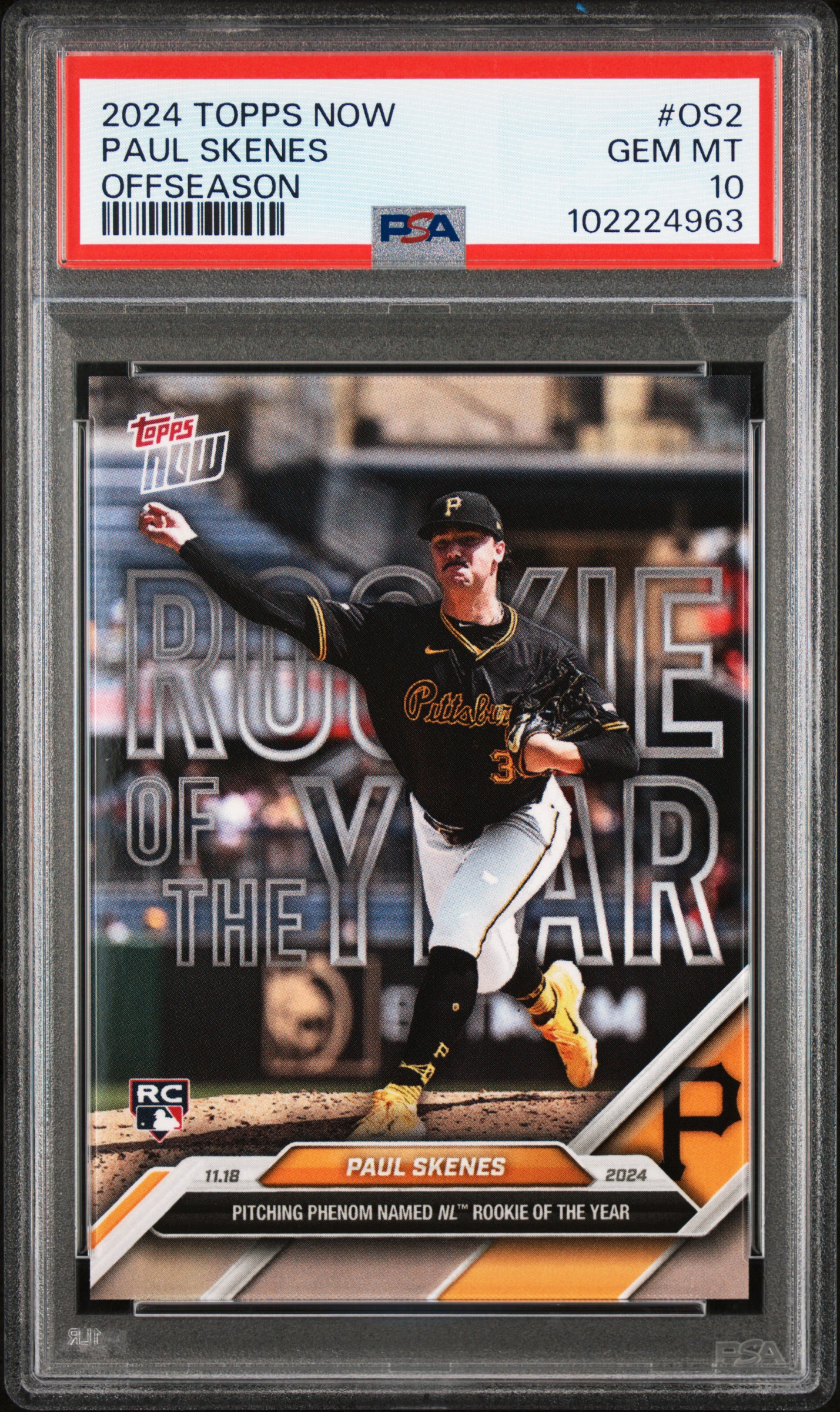 Paul Skenes 2024 Topps Now Rookie of the Year Baseball Rookie Card #OS2 Graded PSA 10