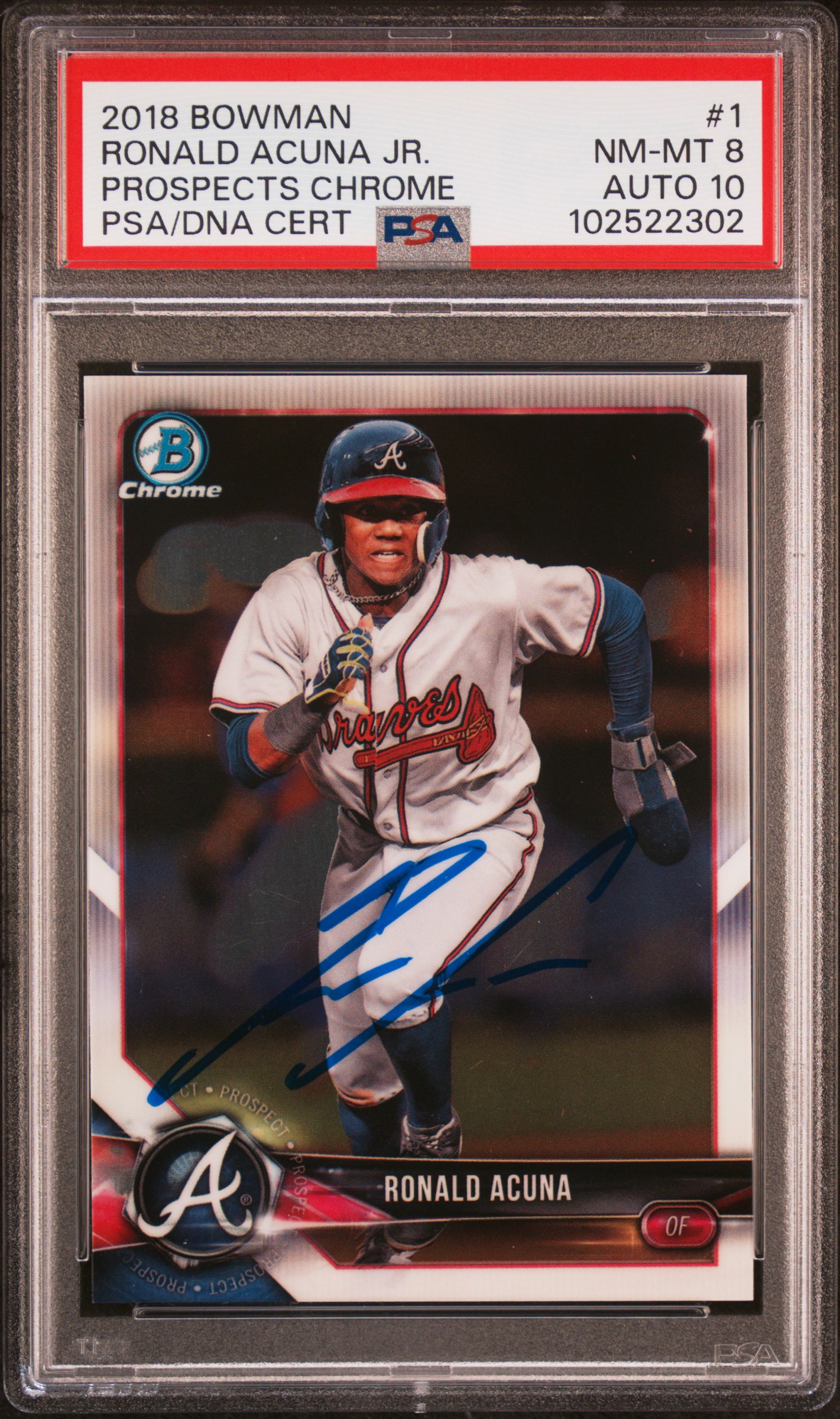 Ronald Acuna Jr 2018 Bowman Chrome Prospects Signed Baseball Rookie Card #1 Graded PSA 8 Auto 10 Cert #102522302