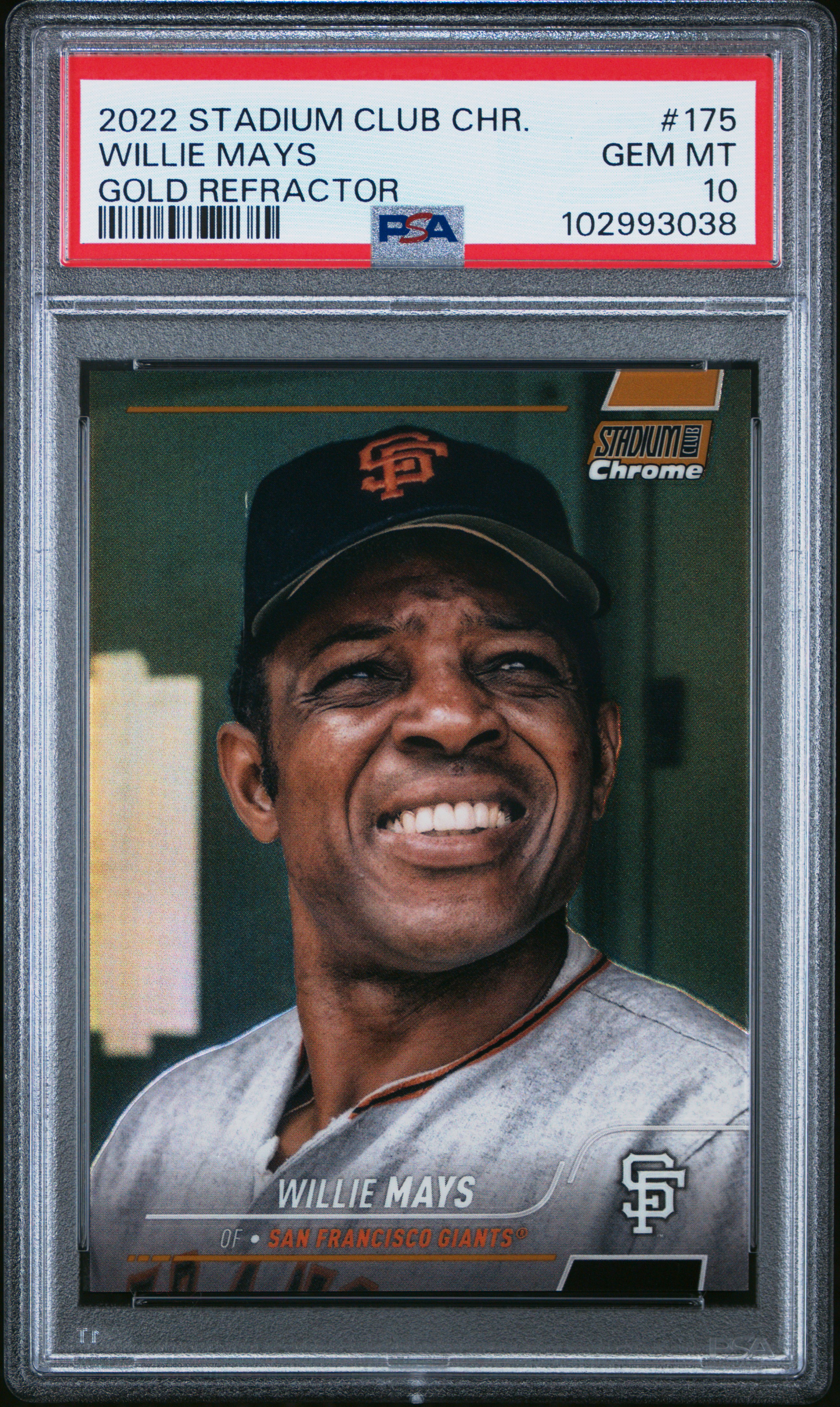 Willie Mays 2022 Stadium Club Chrome Gold Refractor San Francisco Giants Baseball Card #175 Graded PSA 10 Cert #102993038 16/50
