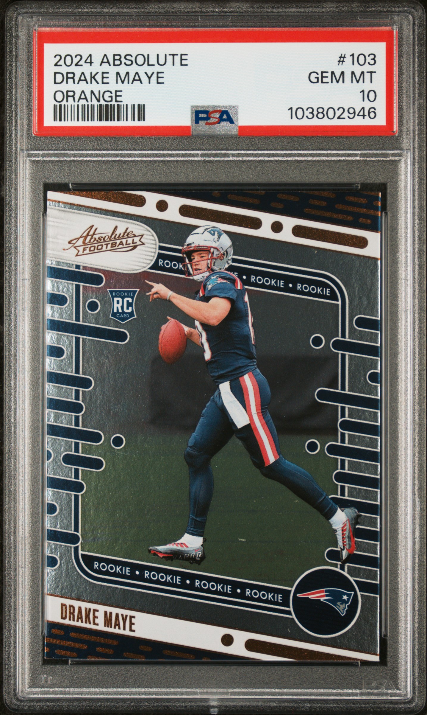 Drake Maye 2024 Absolute Orange Rookie Football Card #103 Graded PSA 10 Cert #103802946