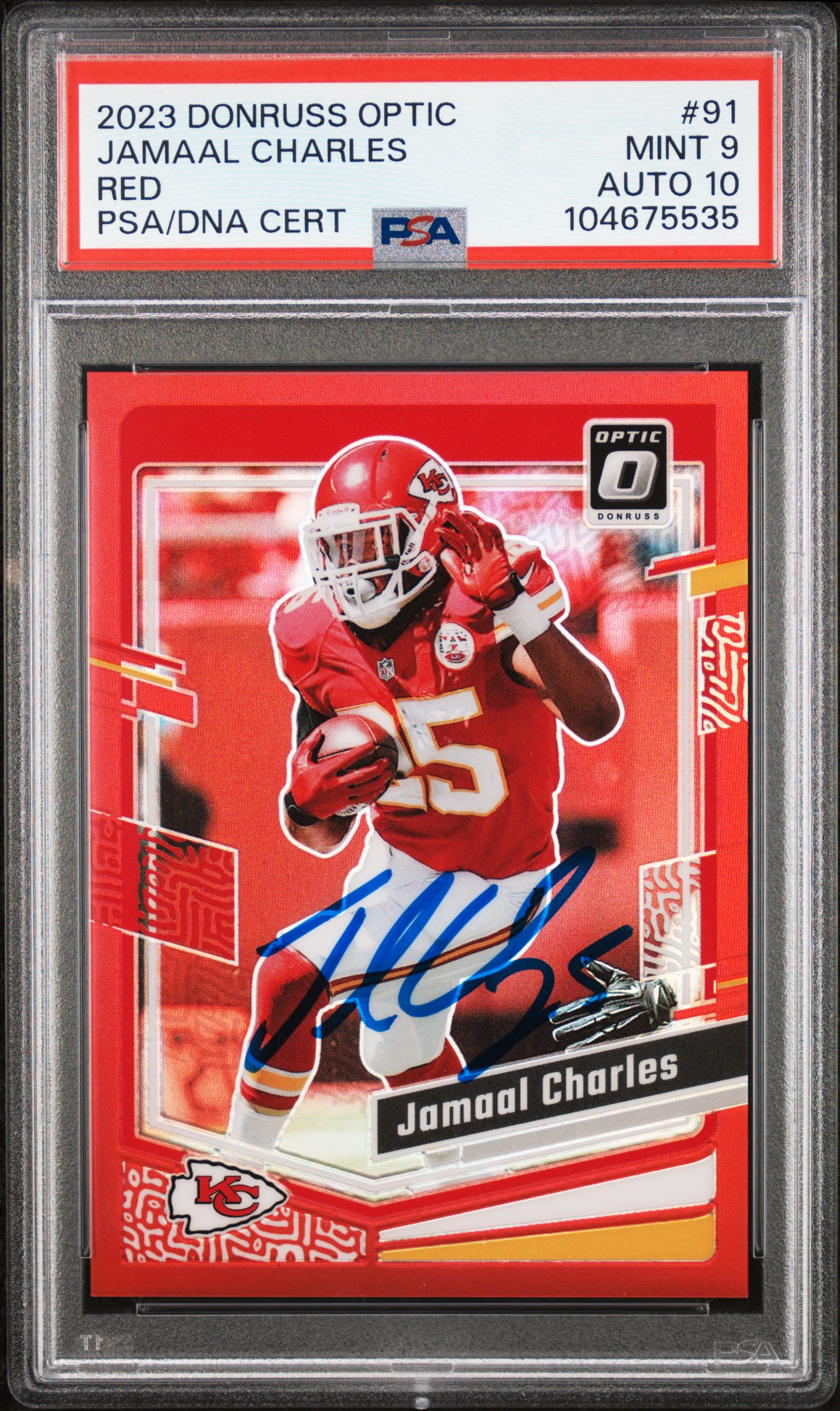 Jamaal Charles 2023 Panini Donruss Optic Red Card #91 Graded PSA 9 Auto 10 54/99