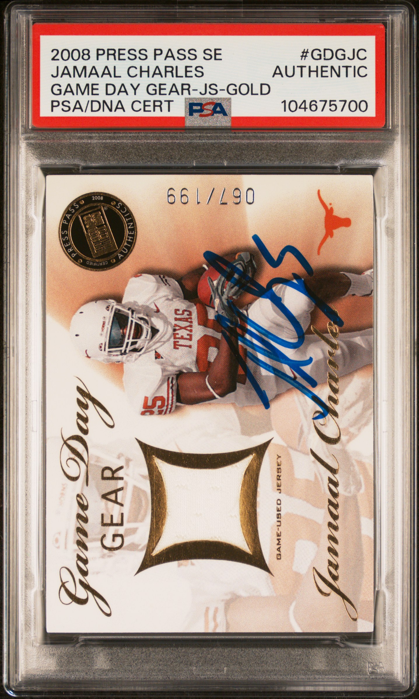 Jamaal Charles 2008 Press Pass Game Used Jersey Gold Signed Rookie Card #GDGJC Auto PSA 67/199