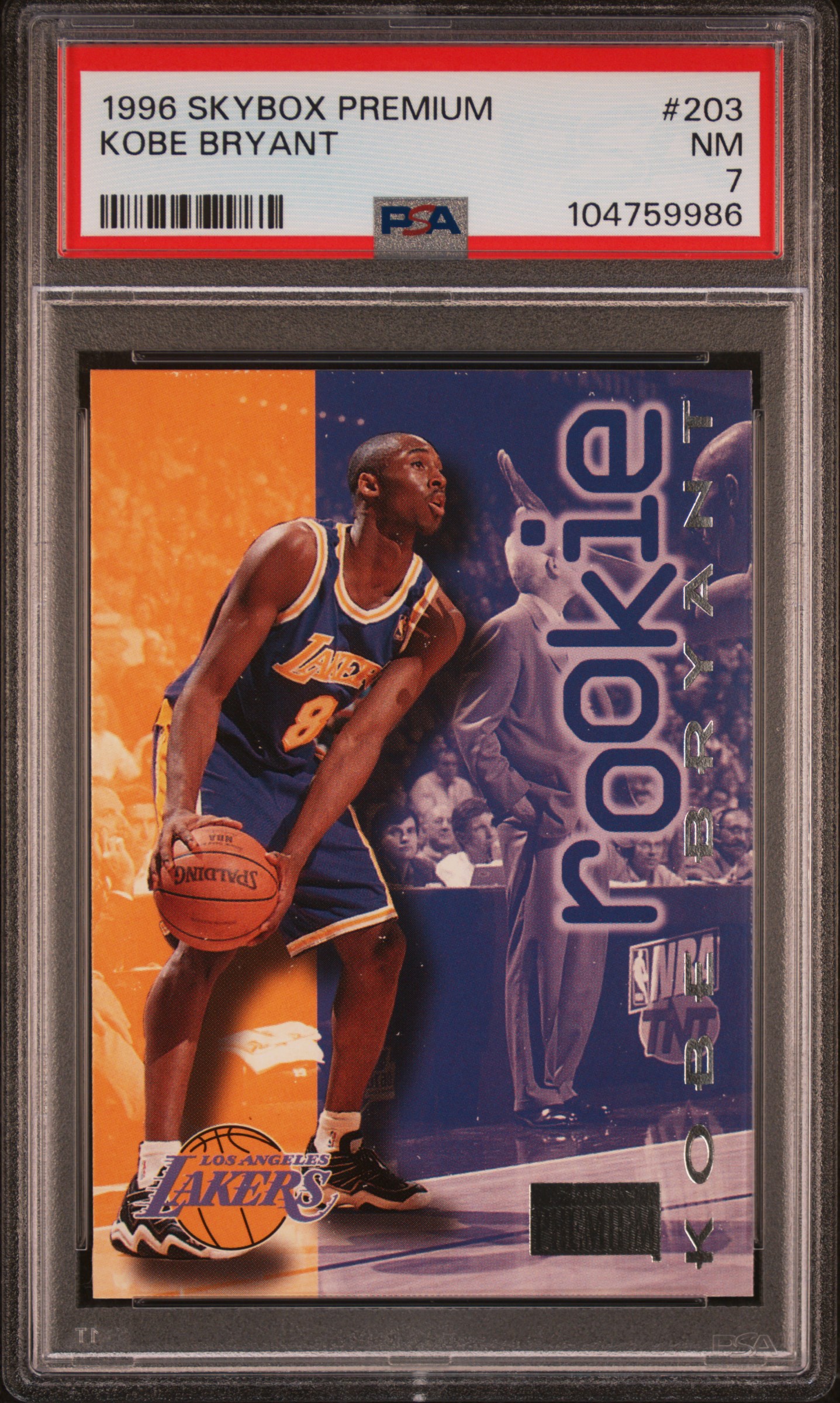 Kobe Bryant 1996 SkyBox Premium Los Angeles Lakers Basketball Rookie Card #203 Graded PSA 7 Cert #104759986