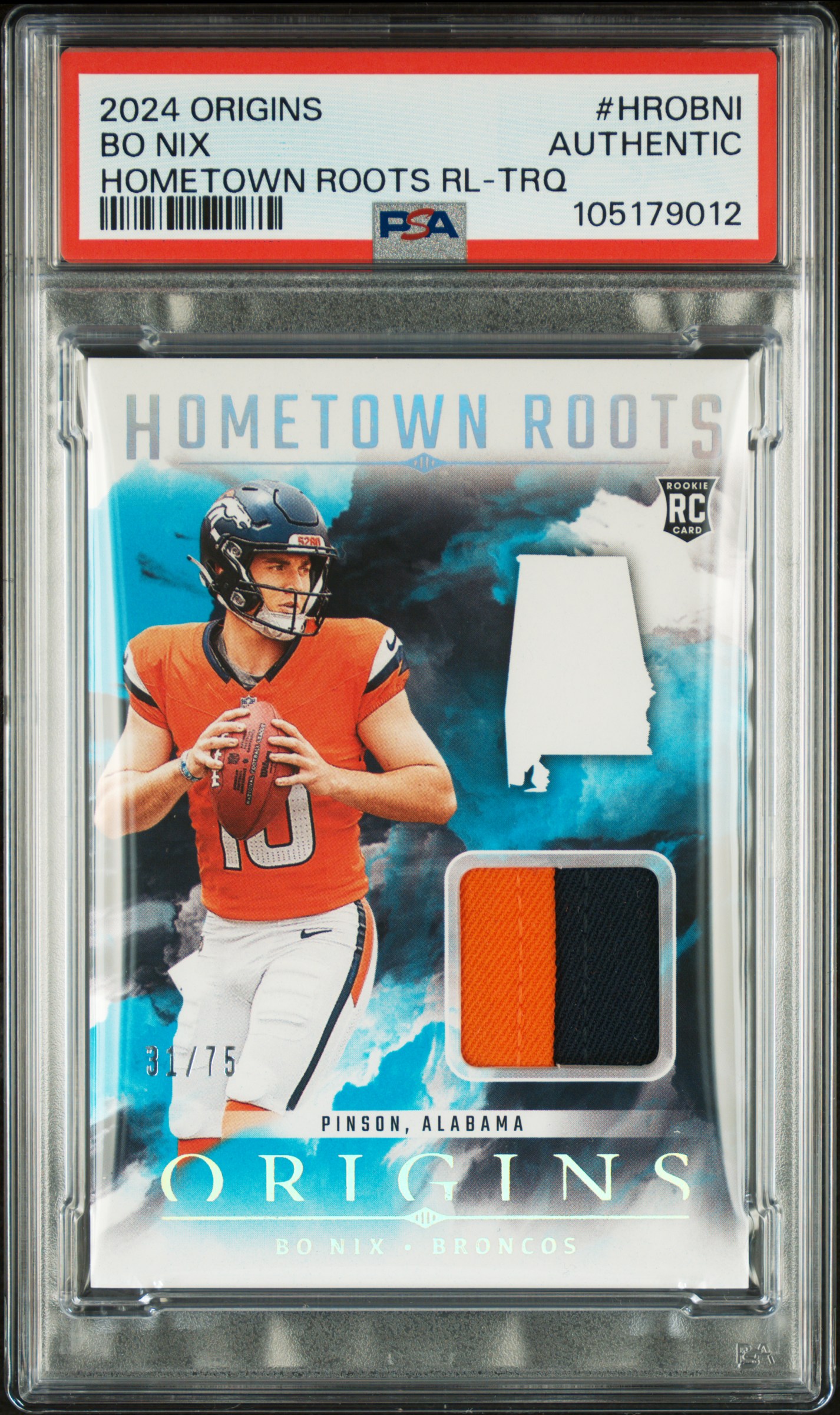 Bo Nix 2024 Panini Origins Hometown Roots Patch Football Rookie Card #HROBNI Graded PSA Authentic 31/75 Cert #105179012
