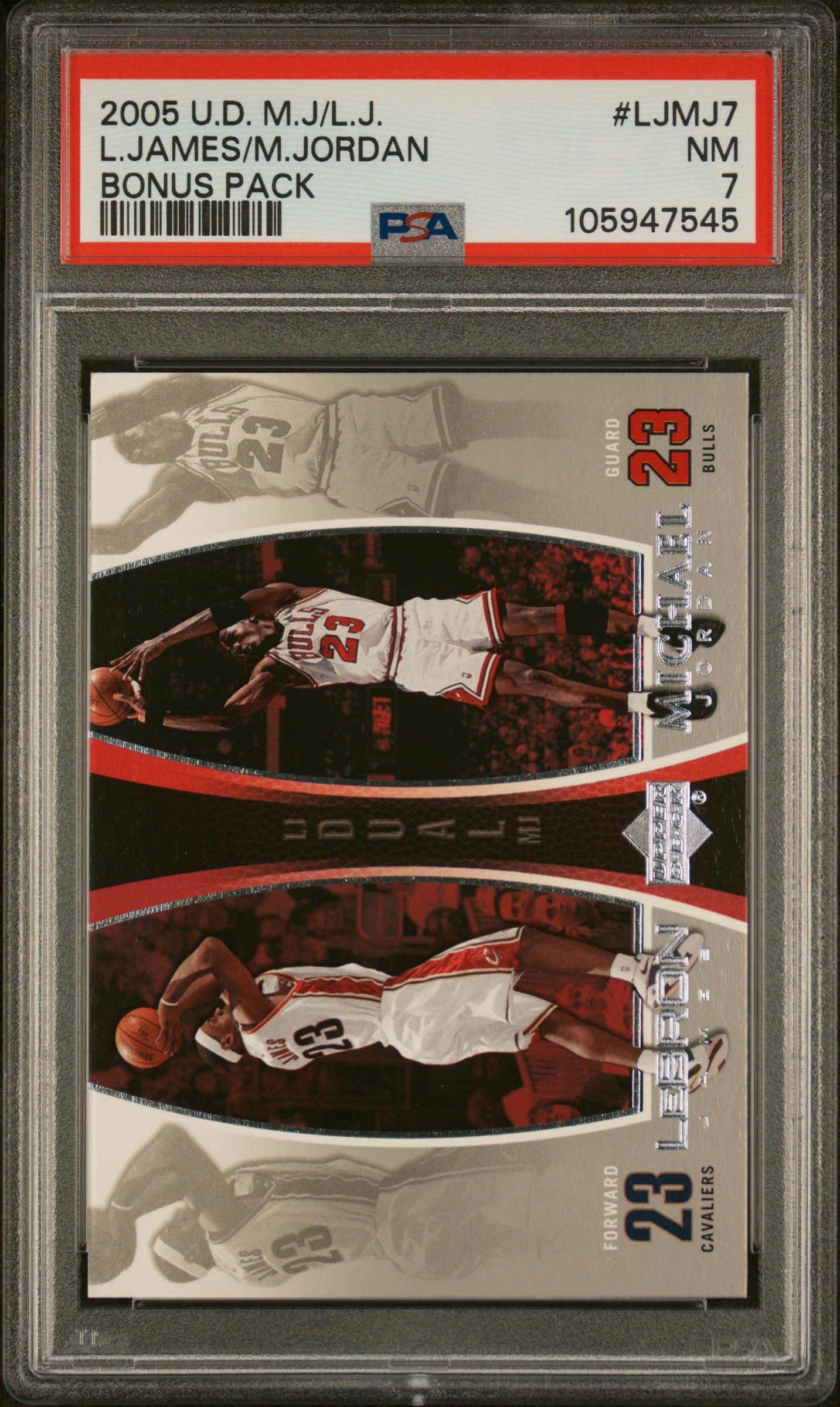 Michael Jordan LeBron James 2005 Upper Deck Bonus Pack Basketball Card #LJMJ7 Graded PSA 7 Cert # 105947545 Michael Jordan LeBron James 2005 Upper Deck Bonus Pack Basketball Card #LJMJ7 Graded PSA 7 Cert # 105947545