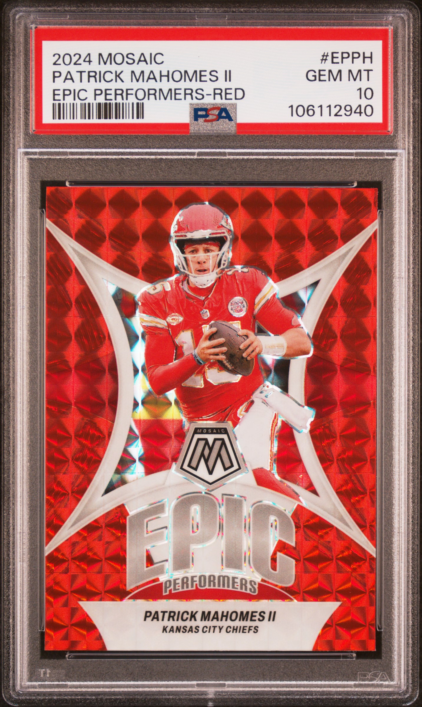 Patrick Mahomes II 2024 Mosaic Epic Performers Red Football Card #EPPH Graded PSA 10 Cert #106112940