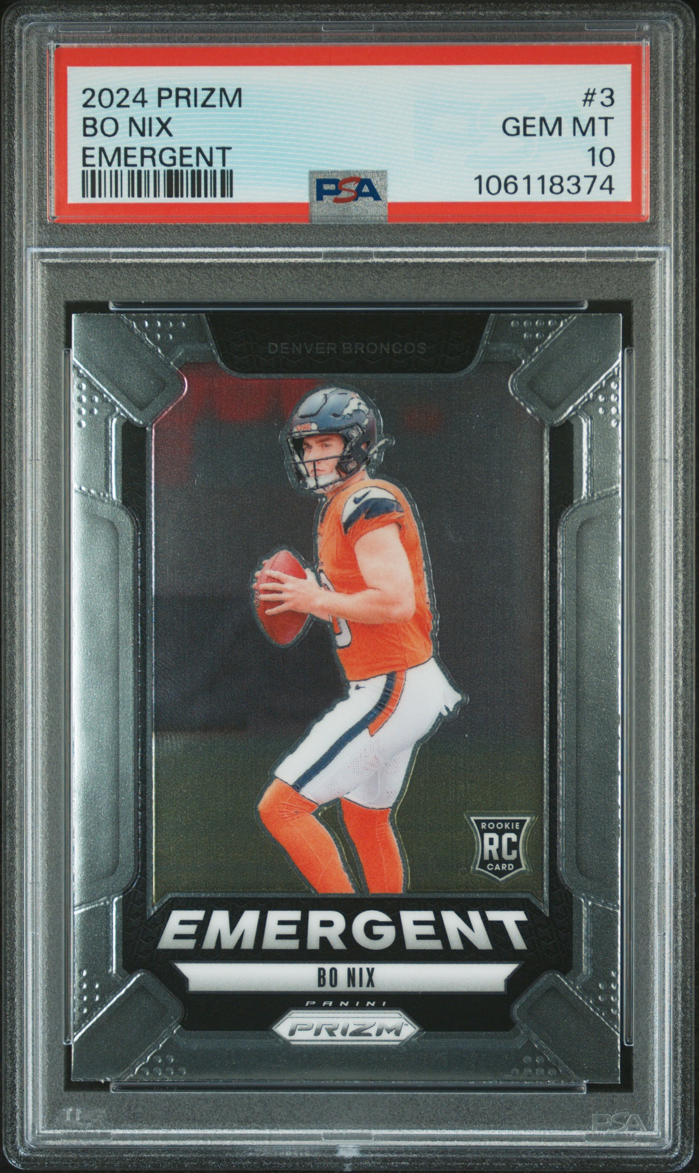 Bo Nix 2024 Panini Prizm Emergent Football Rookie Card #3 Graded PSA 10 Cert #106118374