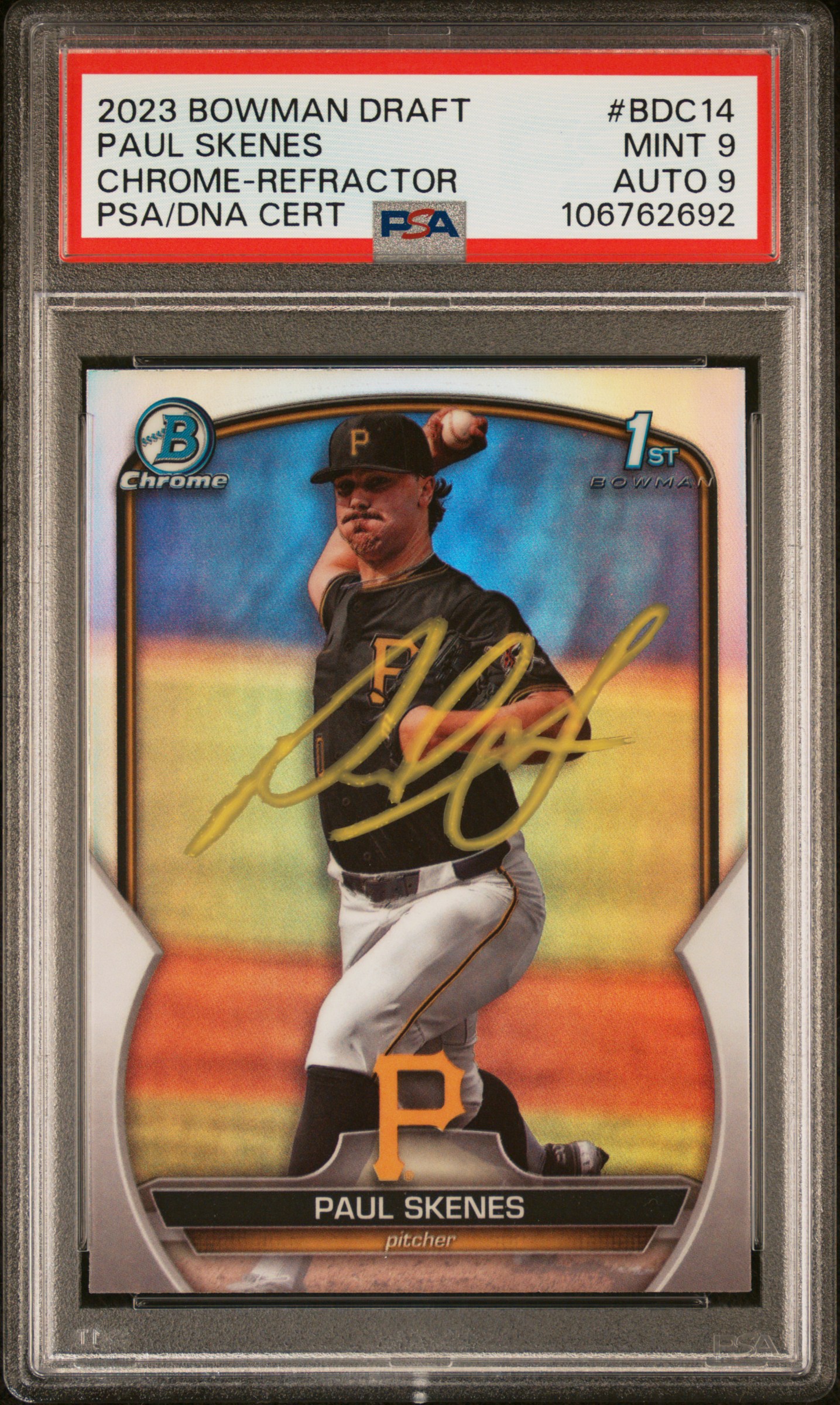 Paul Skenes 2023 Bowman Draft Chrome Refractor Rookie Card #BDC14 Auto PSA 9 692