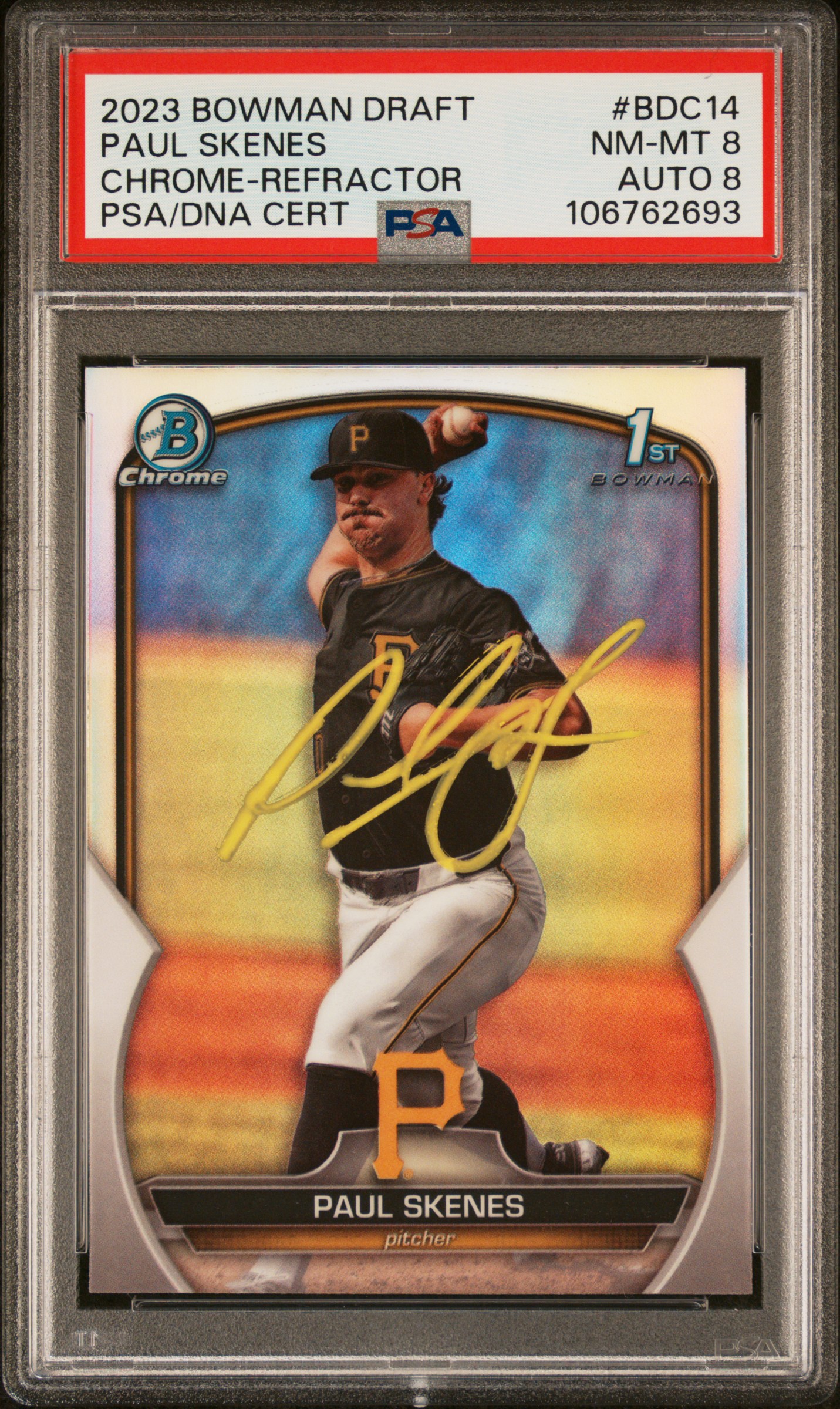 Paul Skenes 2023 Bowman Draft Chrome Refractor Rookie Card #BDC14 Auto PSA 8 693