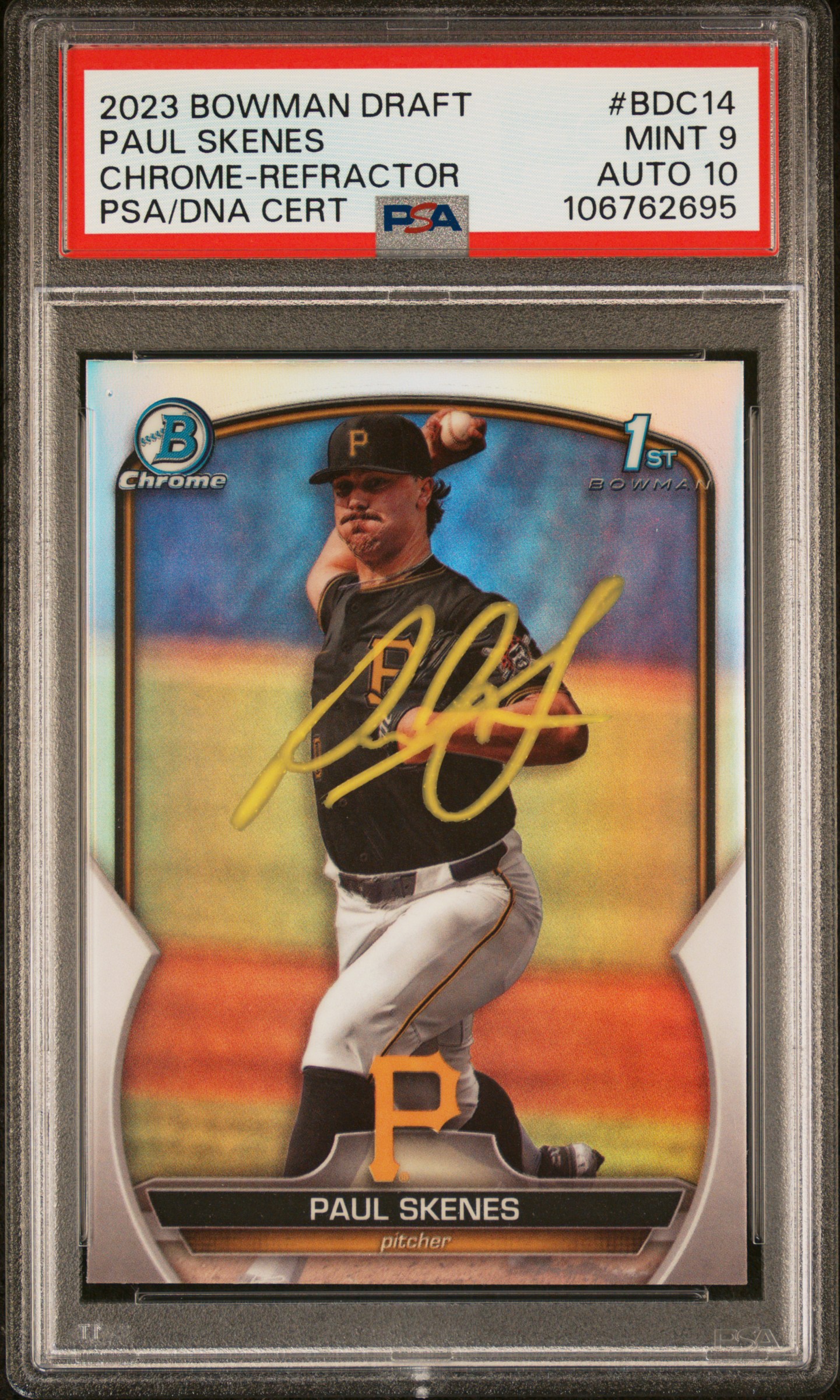 Paul Skenes 2023 Bowman Draft Chrome Refractor Rookie Card #BDC14 Auto PSA 9 695