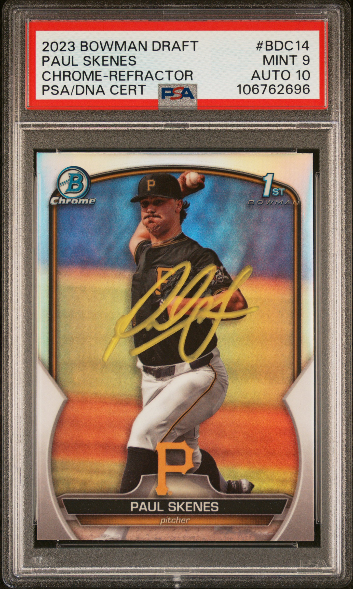 Paul Skenes 2023 Bowman Draft Chrome Refractor Rookie Card #BDC14 Auto PSA 9 696