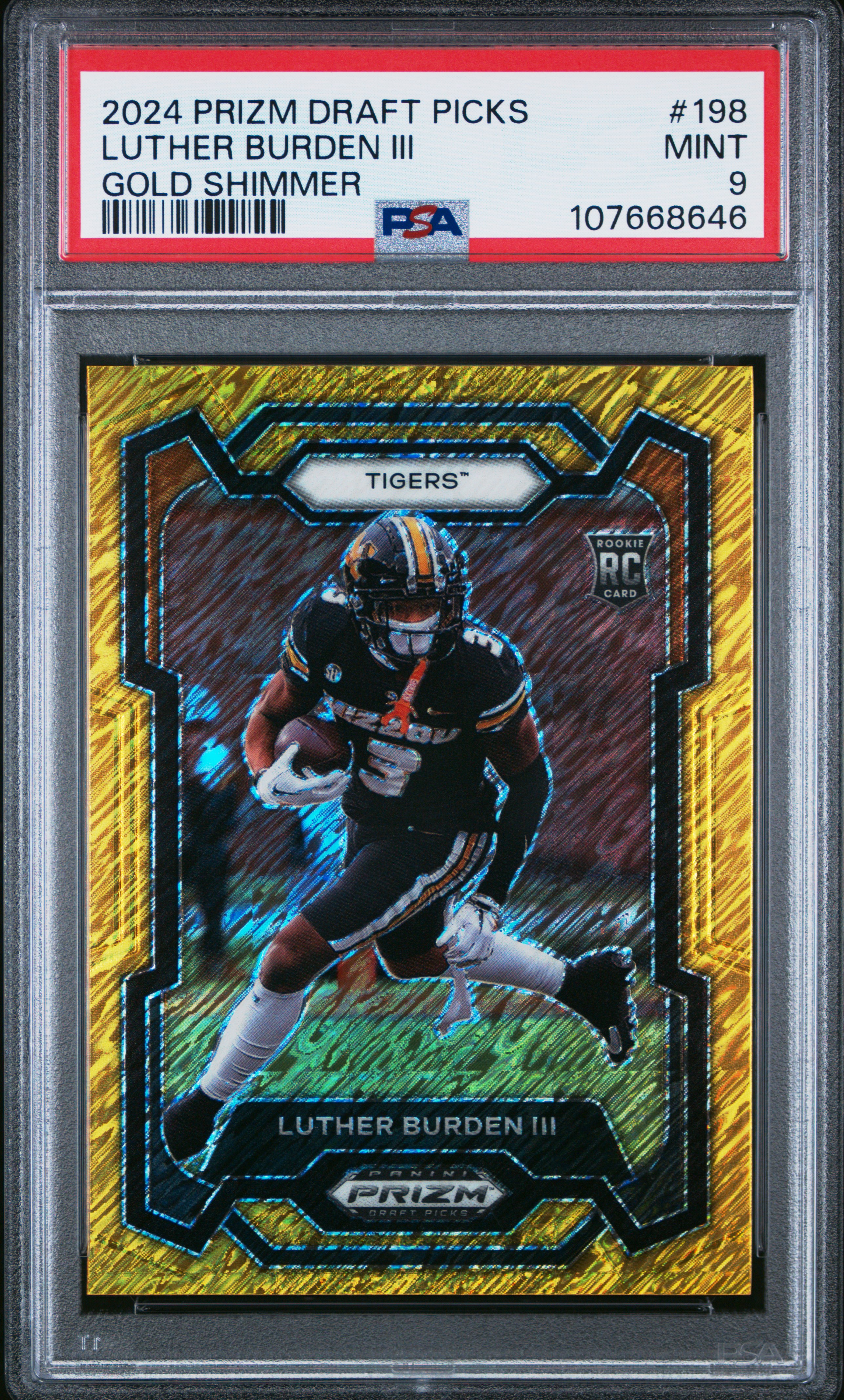 Luther Burden III 2024 Panini Prizm Gold Shimmer Rookie Card #198 Graded PSA 9 9/15
