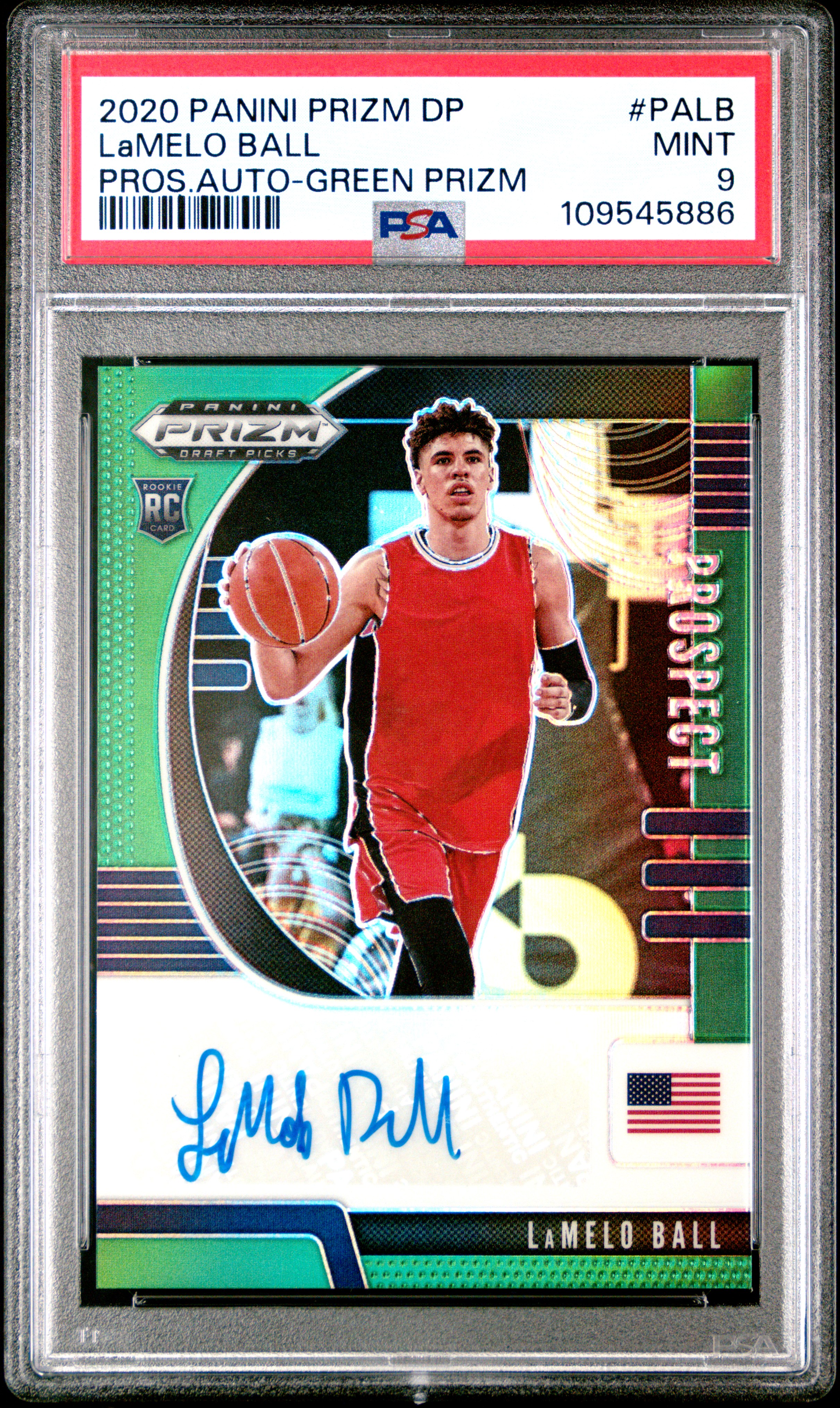 LaMelo Ball 2020 Panini Prizm Draft Picks Pros Auto Green Prizm Signed Basketball Rookie Card #PALB Graded PSA 9 Cert #109545886