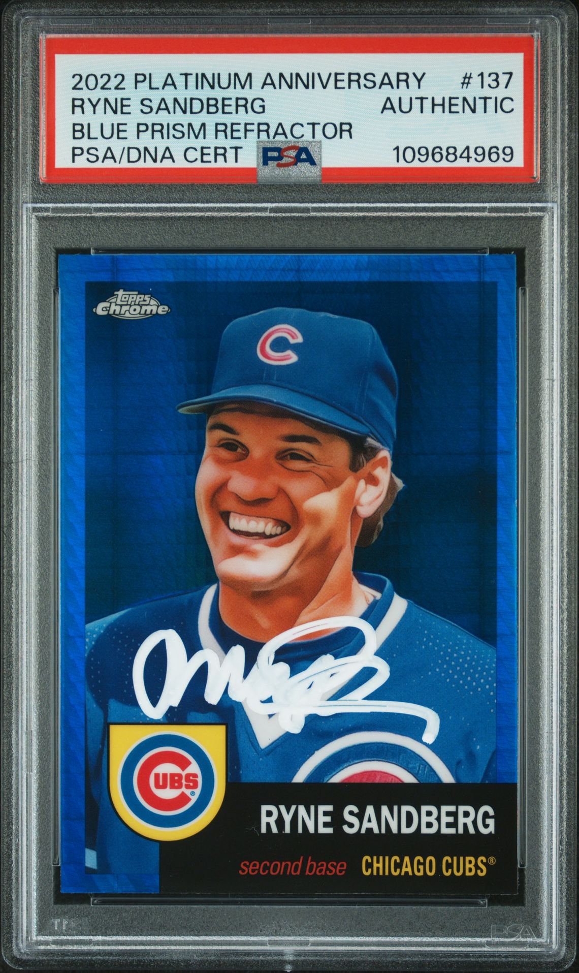 Ryne Sandberg 2022 Topps Chrome Blue Prism Refractor Signed Baseball Card #137 Auto PSA