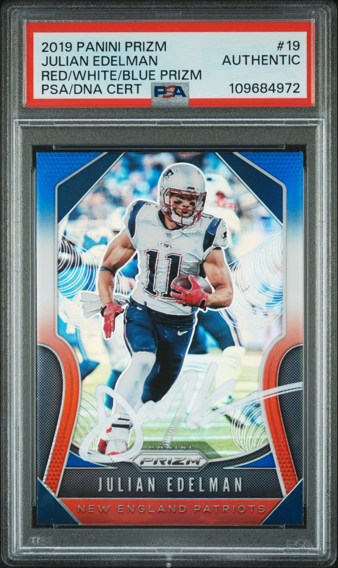 Julian Edelman 2019 Panini Prizm Red White Blue Signed Football Card #19 Auto PSA 109684972
