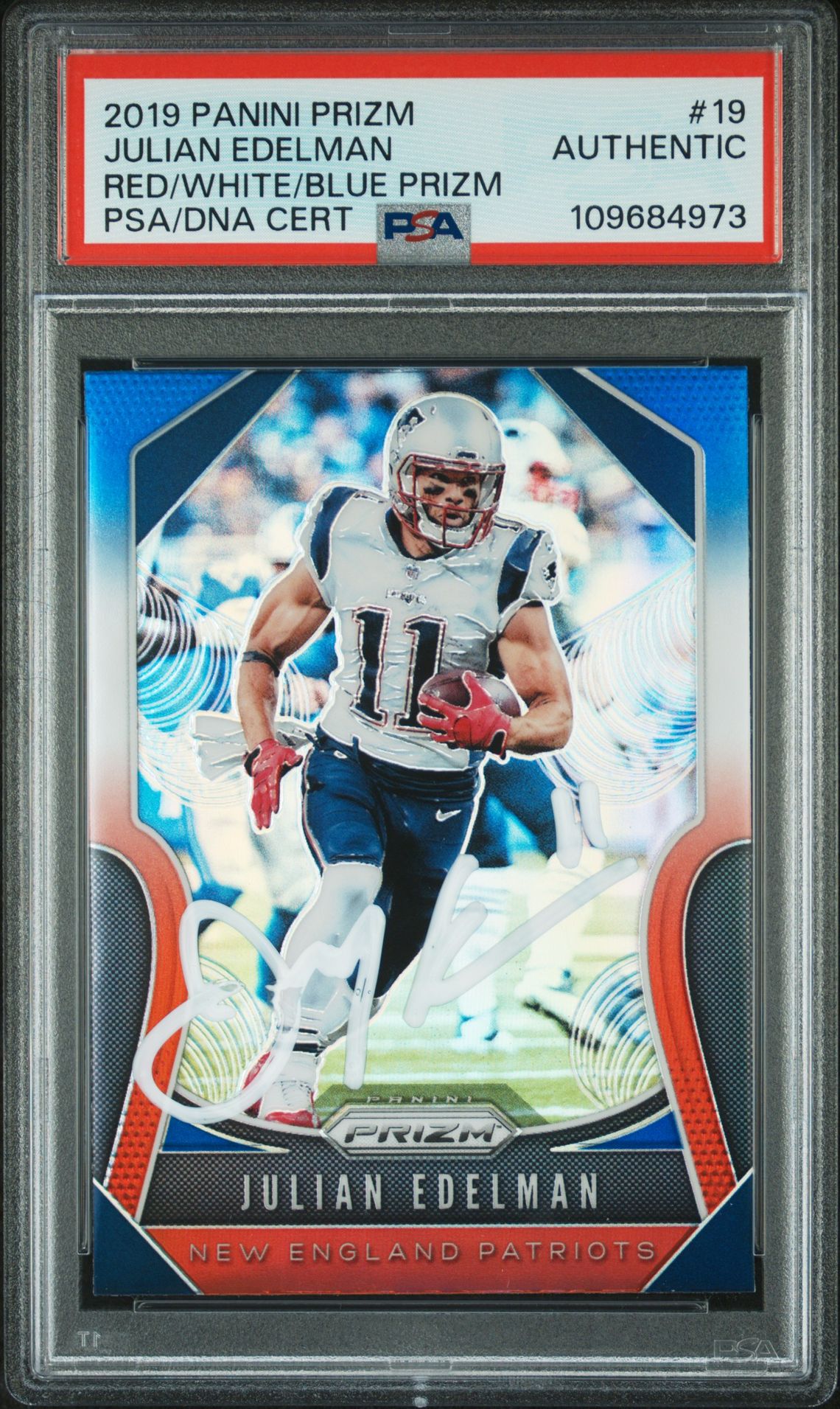 Julian Edelman 2019 Panini Prizm Red White Blue Signed Football Card #19 Auto PSA 109684973