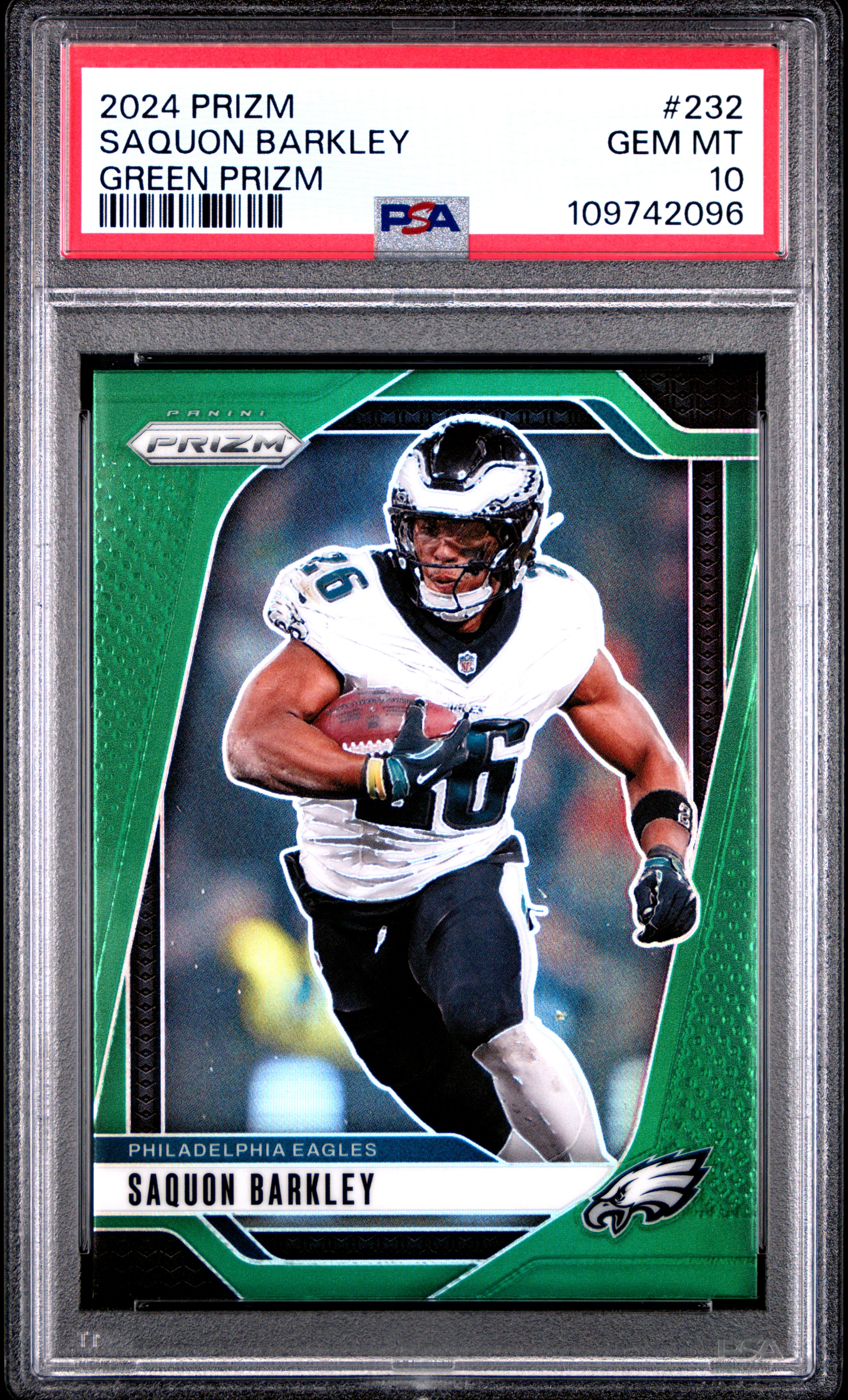 Saquon Barkley 2024 Panini Prizm Green Football Card #232 Graded PSA 10 Cert # 109742096 Saquon Barkley 2024 Panini Prizm Green Football Card #232 Graded PSA 10 Cert # 109742096