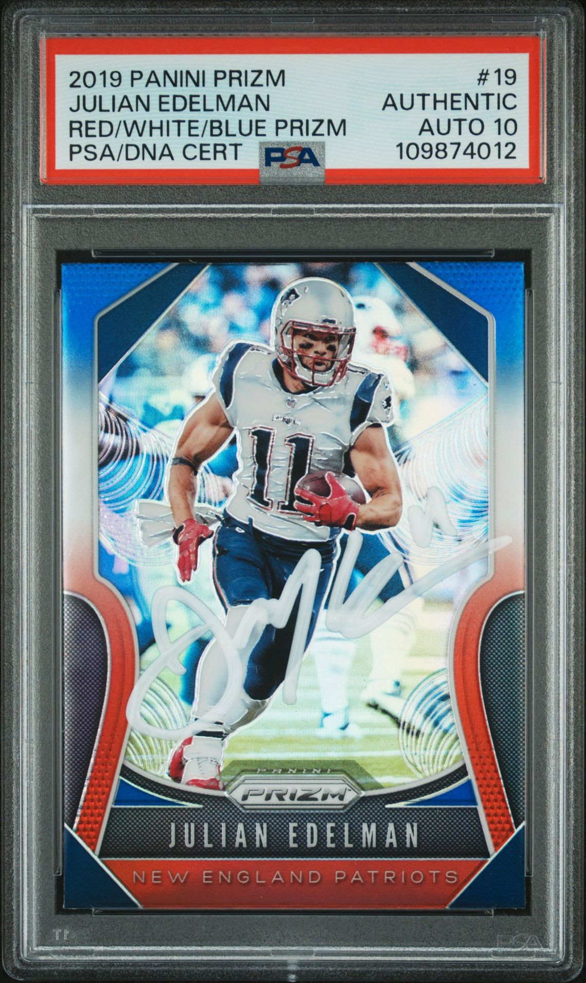 Julian Edleman 2019 Panini Prizm Red White Blue Card #19 Auto Graded PSA 10 4012