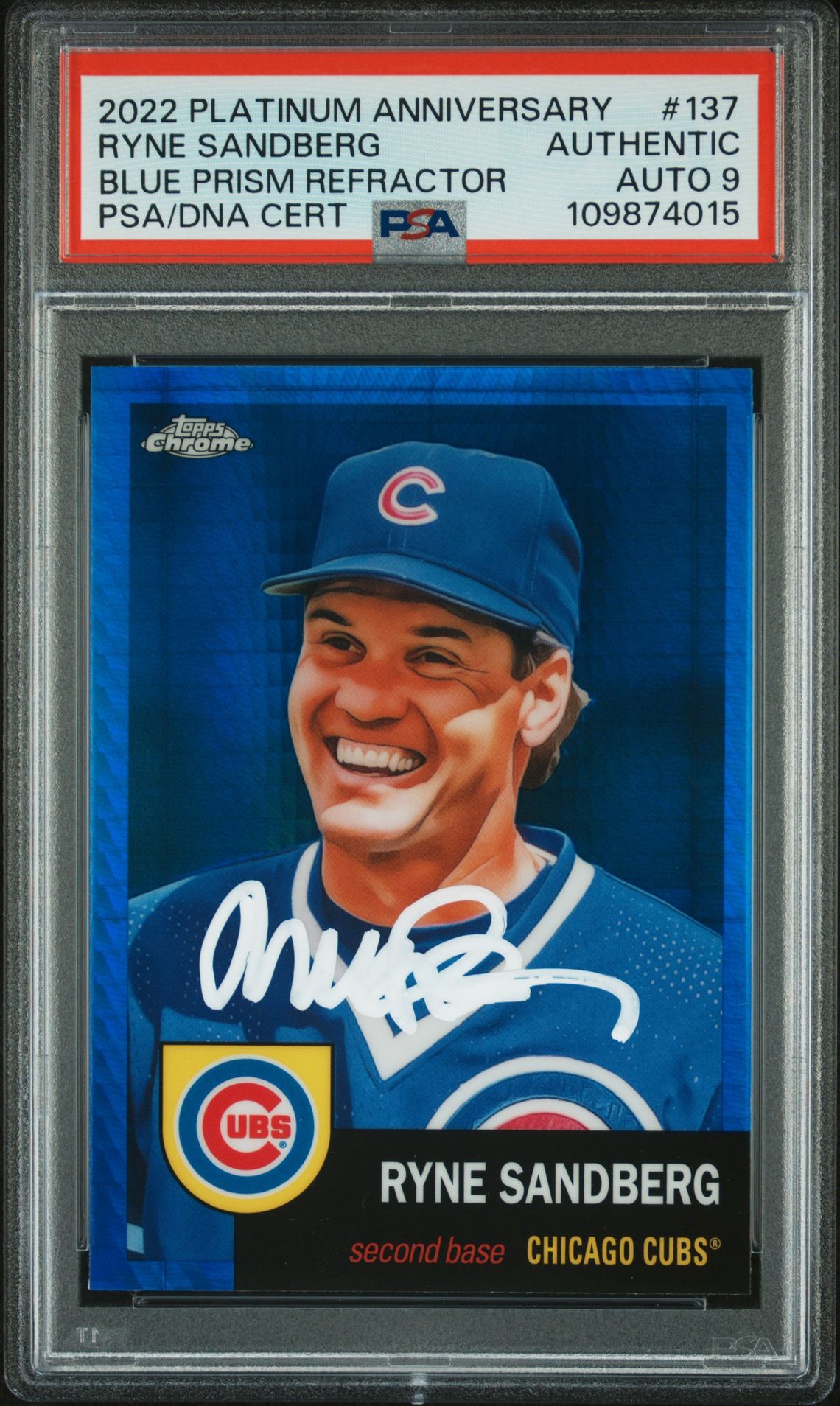 Ryne Sandberg 2022 Topps Chrome Blue Prism Refractor Signed Card #137 Auto PSA 9