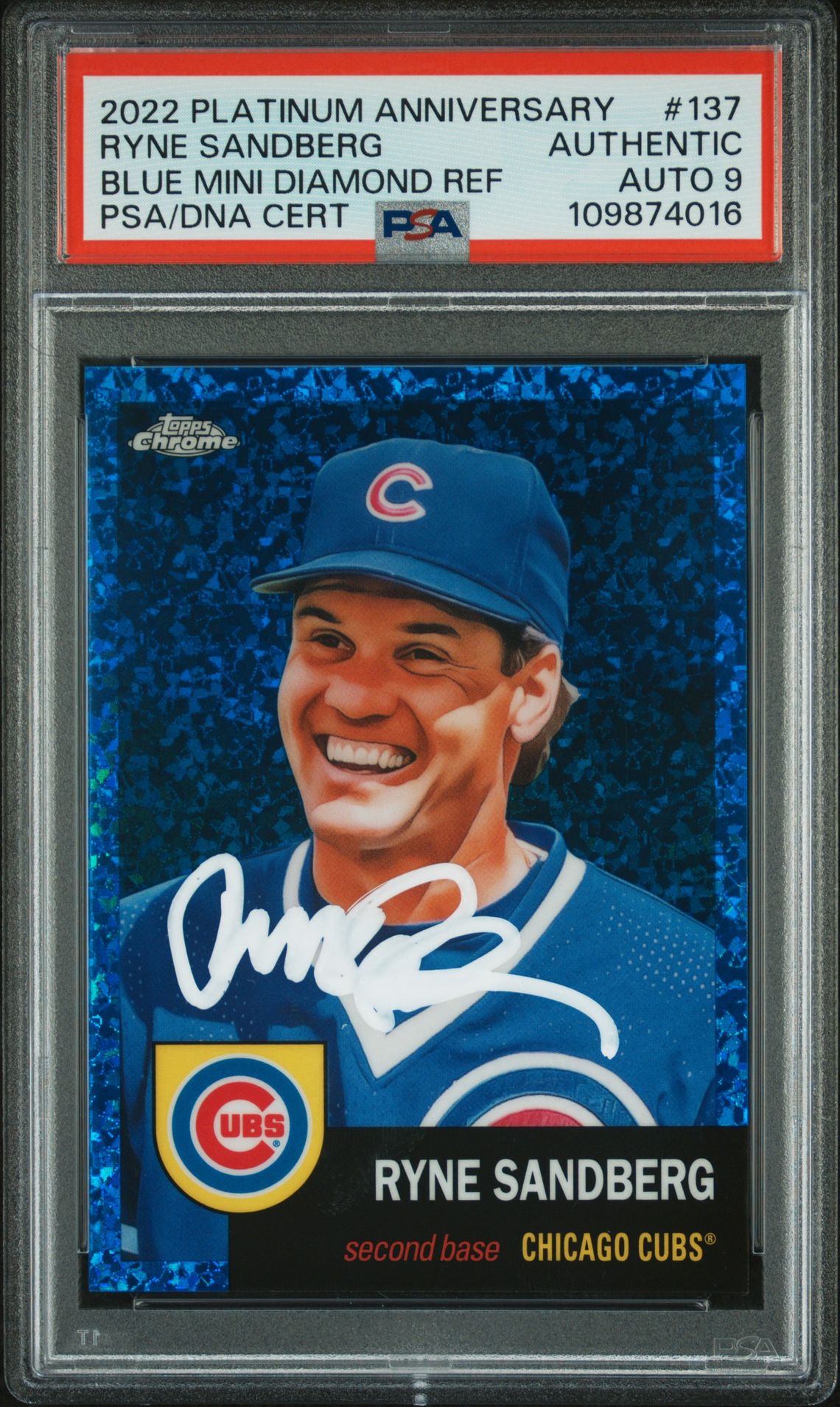 Ryne Sandberg 2022 Topps Chrome Blue Refractor Card #137 Auto PSA 9 34/199