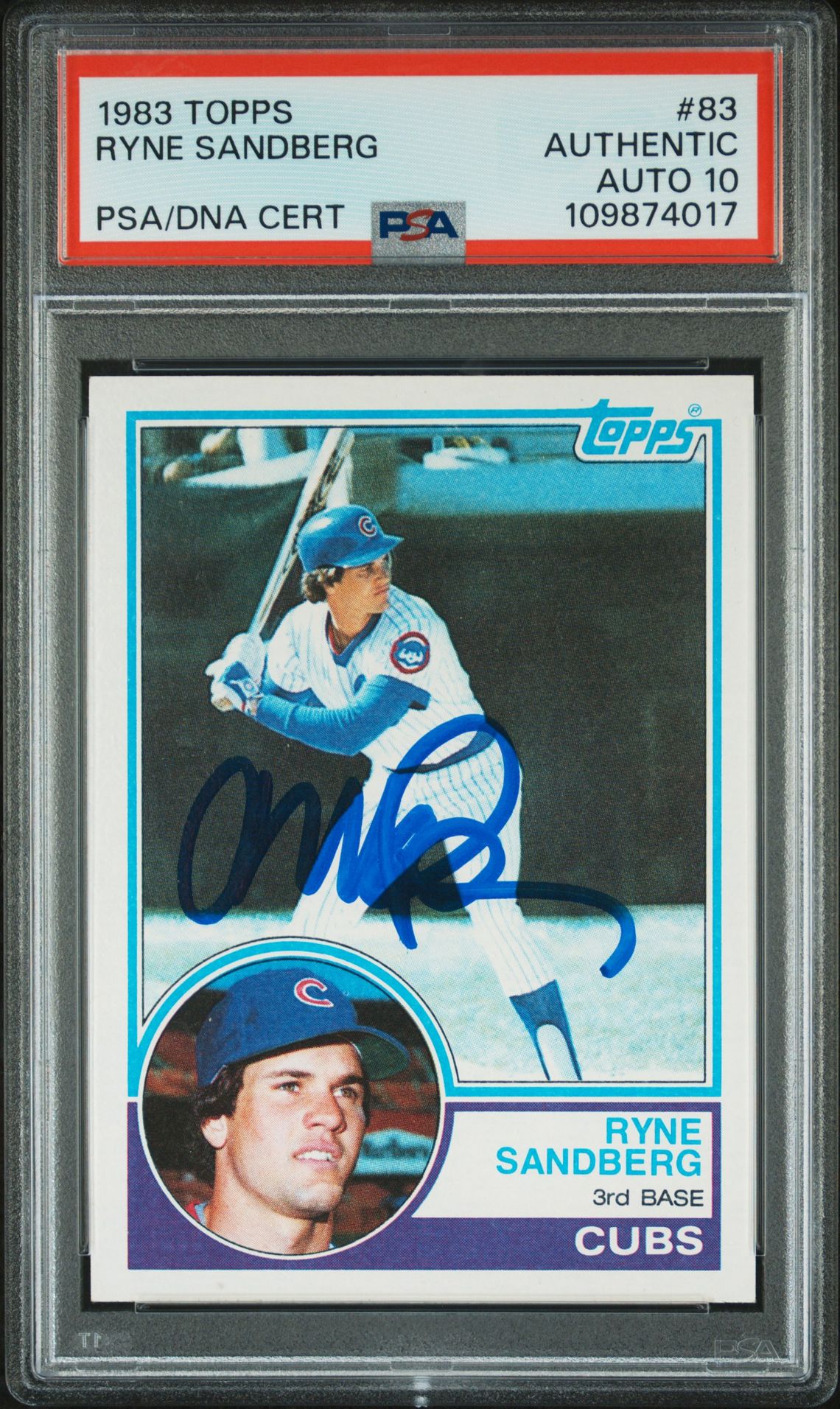 Ryne Sandberg 1983 Topps Signed Baseball Rookie Card #83 Auto Graded PSA 10 4017