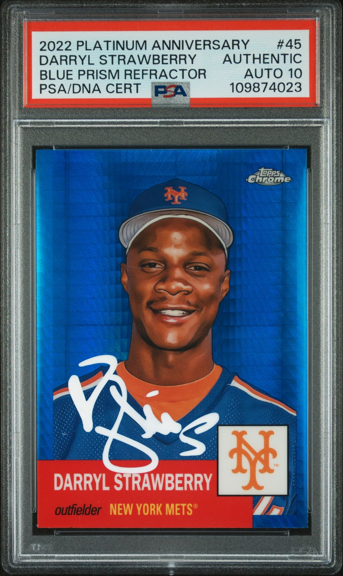 Darryl Strawberry 2022 Topps Chrome Blue Prism Refractor Card #45 Auto PSA 10 23